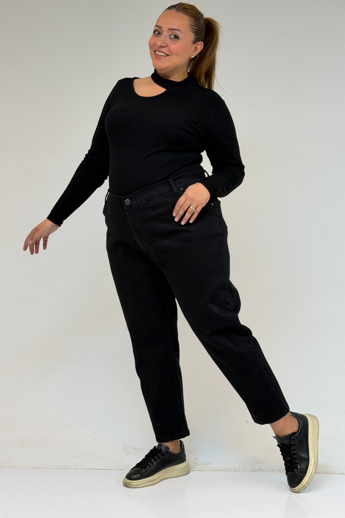 9125-6 Büyük Beden Boy Friend Kot Pantolon - Menanj Siyah