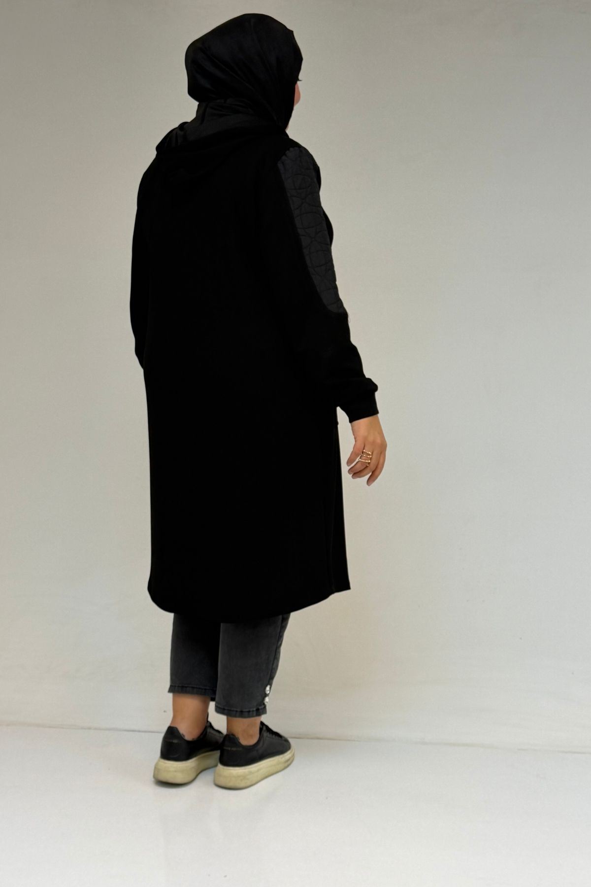 53030  Büyük Beden Kapşonlu Cepli Kapitone-Modal Kap - Siyah-Siyah