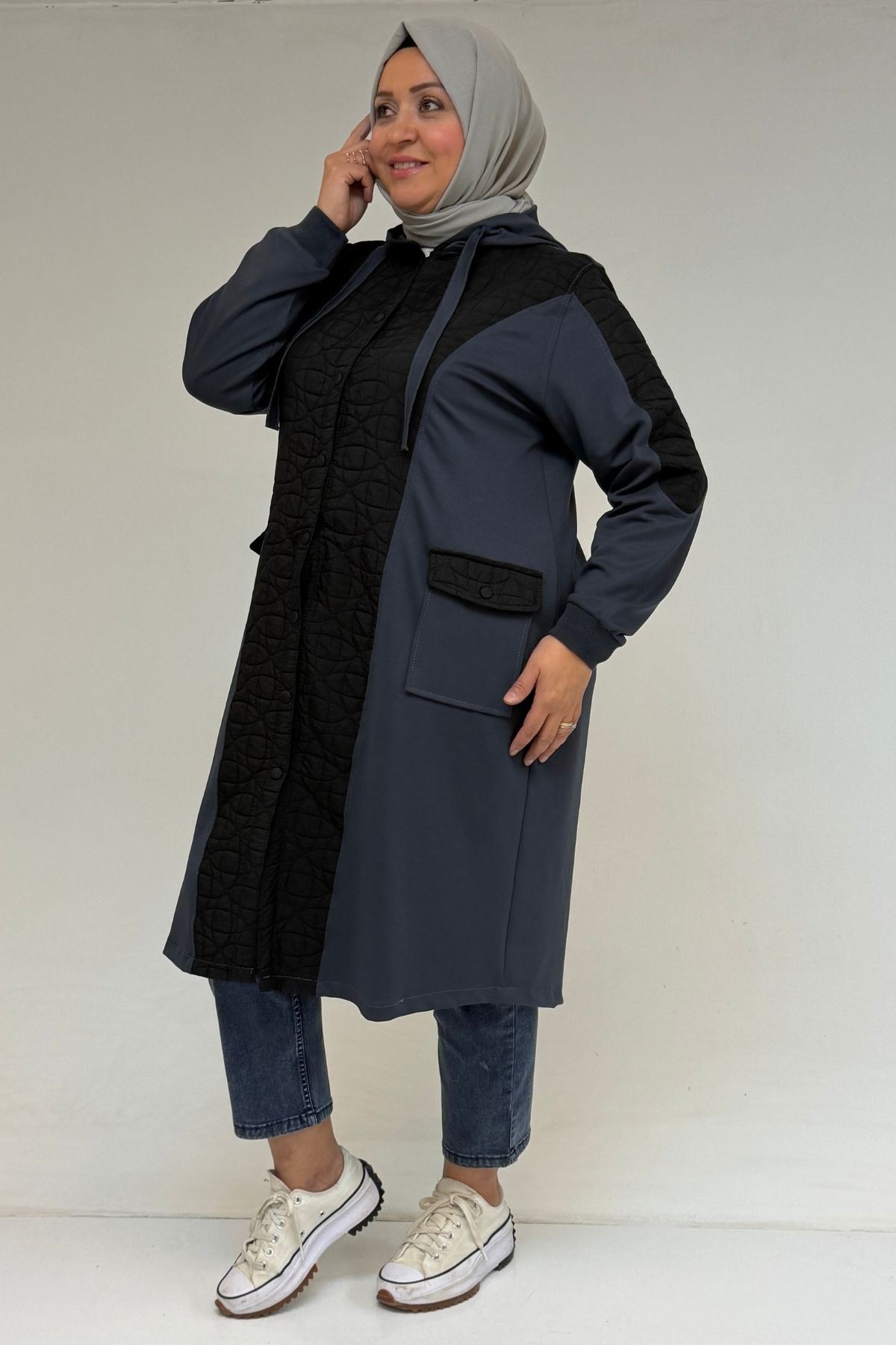 53030  Büyük Beden Kapşonlu Cepli Kapitone-Modal Kap - Siyah-Antrasit