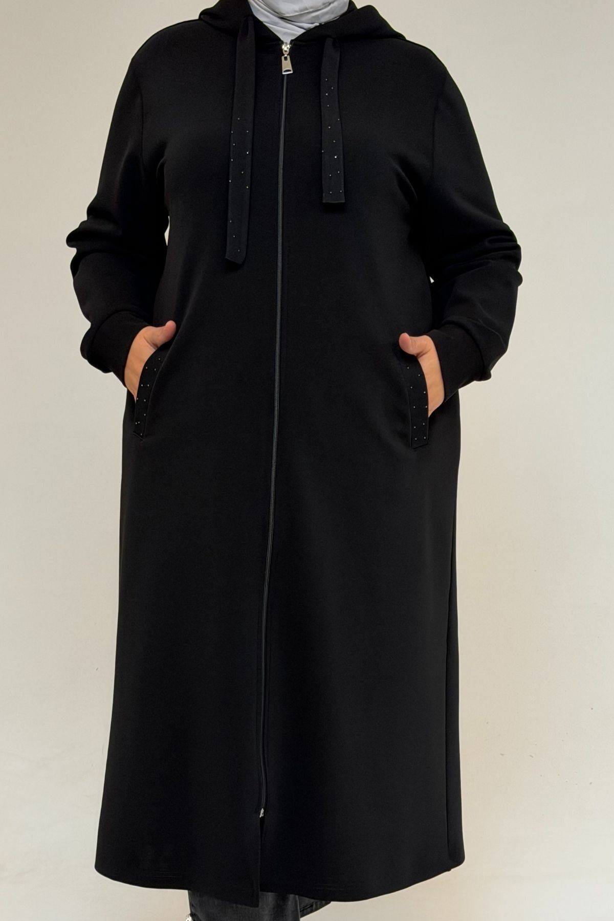 53067 Büyük Beden Kapşonlu Çelik Ceket - Siyah