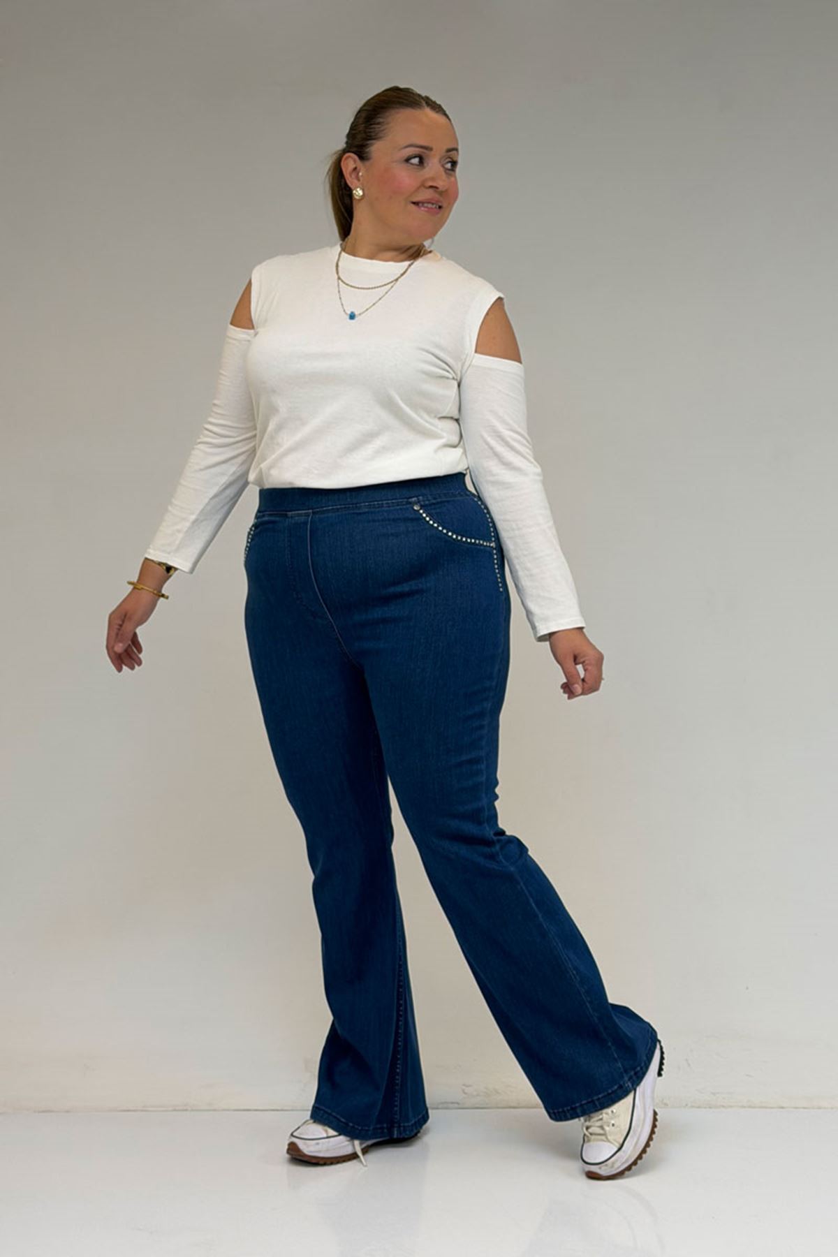 D-59041 Büyük Beden İspanyol  Taş Baskı Detaylı Kot Pantolon - Mavi 