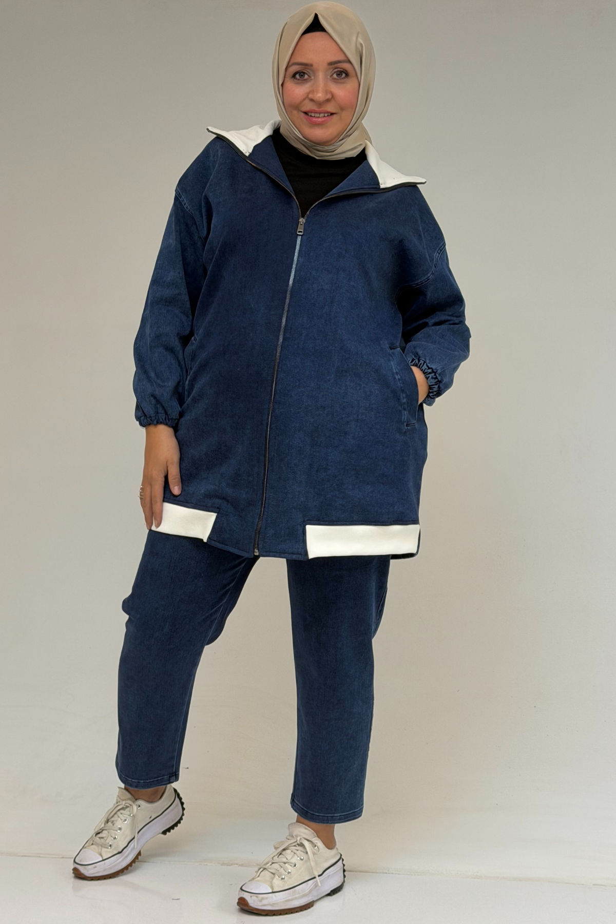 57081 Büyük Beden İki İplik Kombinli Kot Pantolonlu Takım - Lacivert