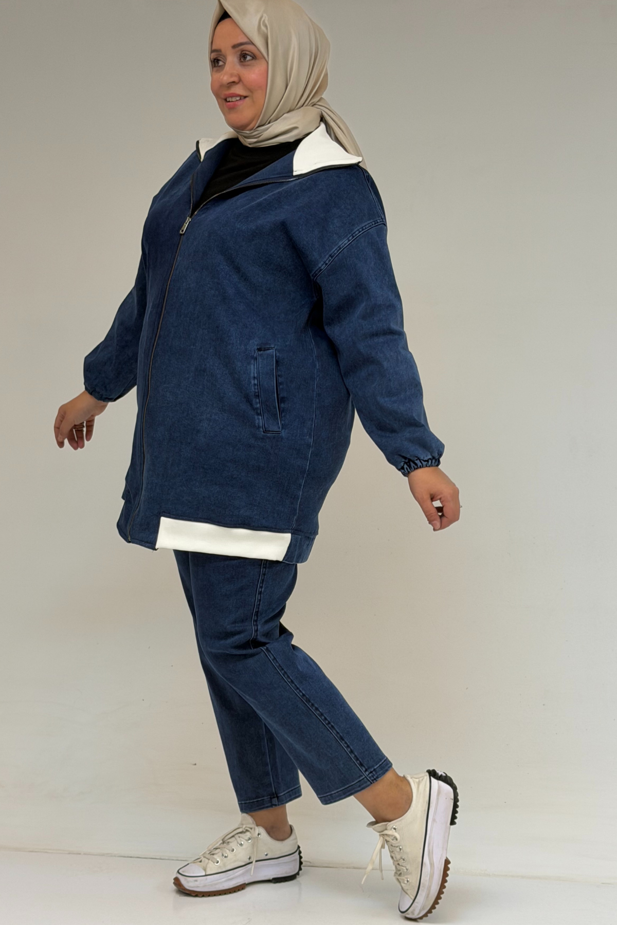 57081 Büyük Beden İki İplik Kombinli Kot Pantolonlu Takım - Lacivert