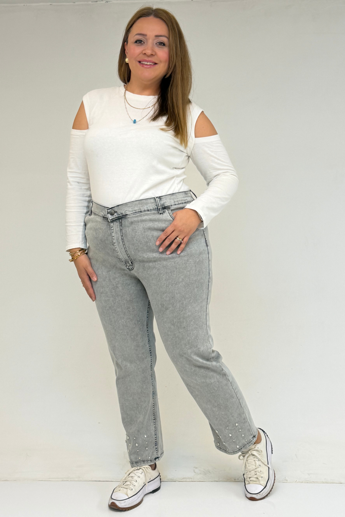 59044 Büyük Beden Paçası Taş Detaylı Boru Paça Kot Pantolon - Kar Yıkama Gri