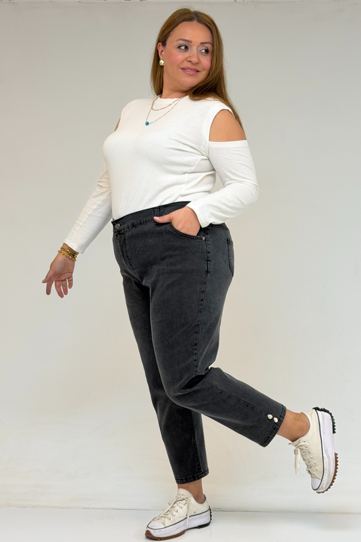 59045 Büyük Beden Paçası Taş Detaylı Boyfriend Kot Pantolon - Antrasit