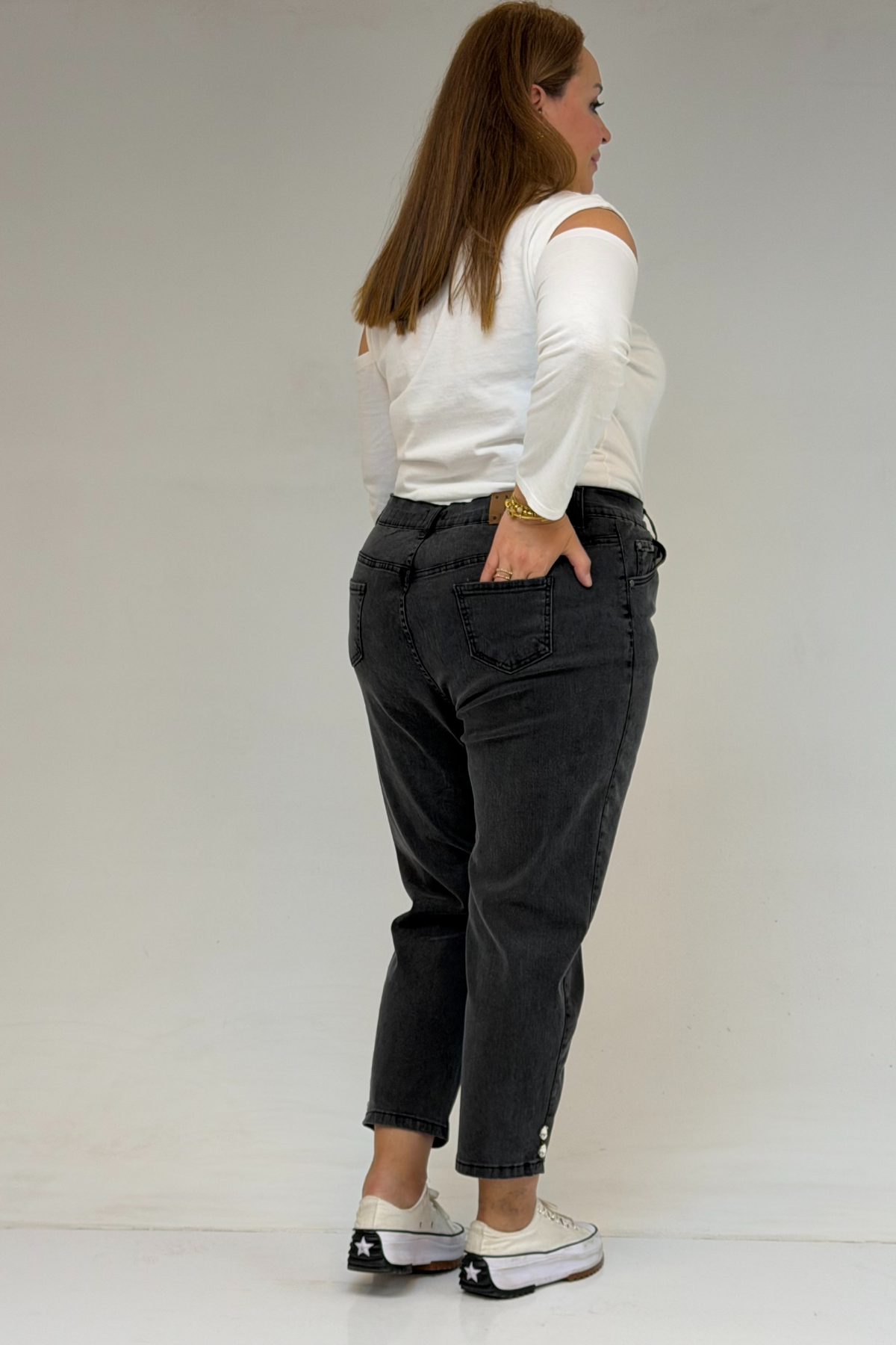 59045 Büyük Beden Paçası Taş Detaylı Boyfriend Kot Pantolon - Antrasit