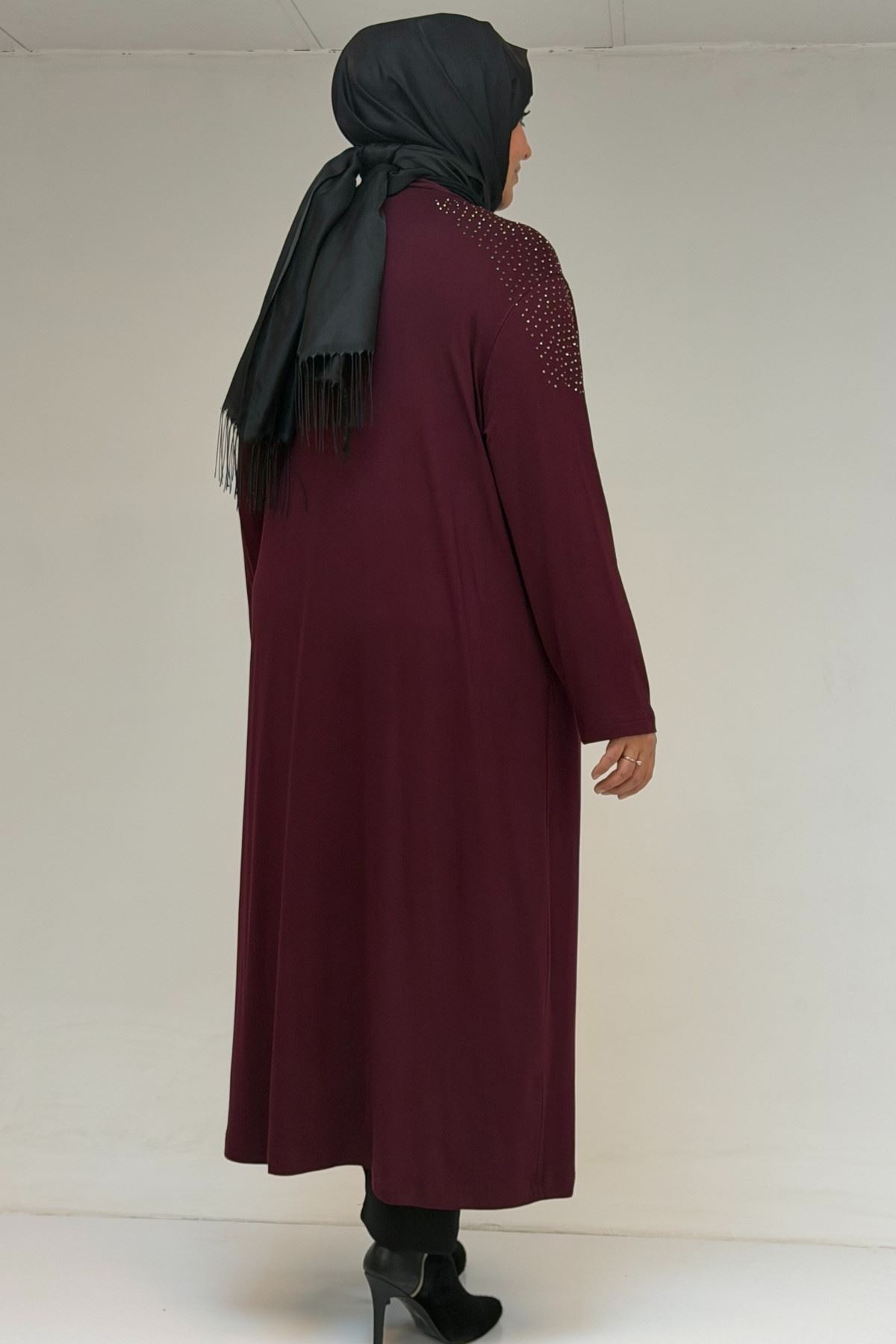 53069 Büyük Beden Omzu Taş Detaylı Penye Tunik - Bordo