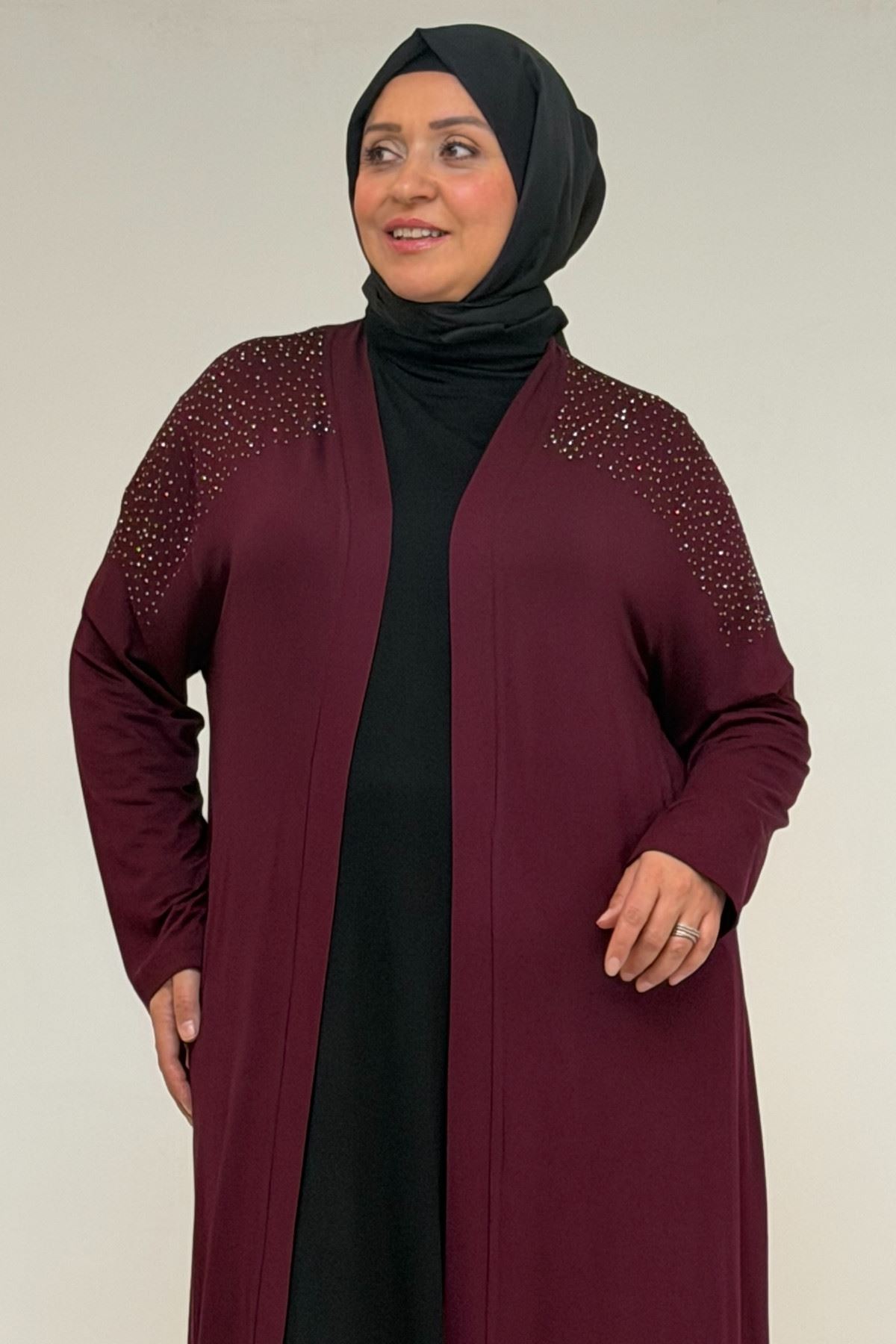 53069 Büyük Beden Omzu Taş Detaylı Penye Tunik - Bordo