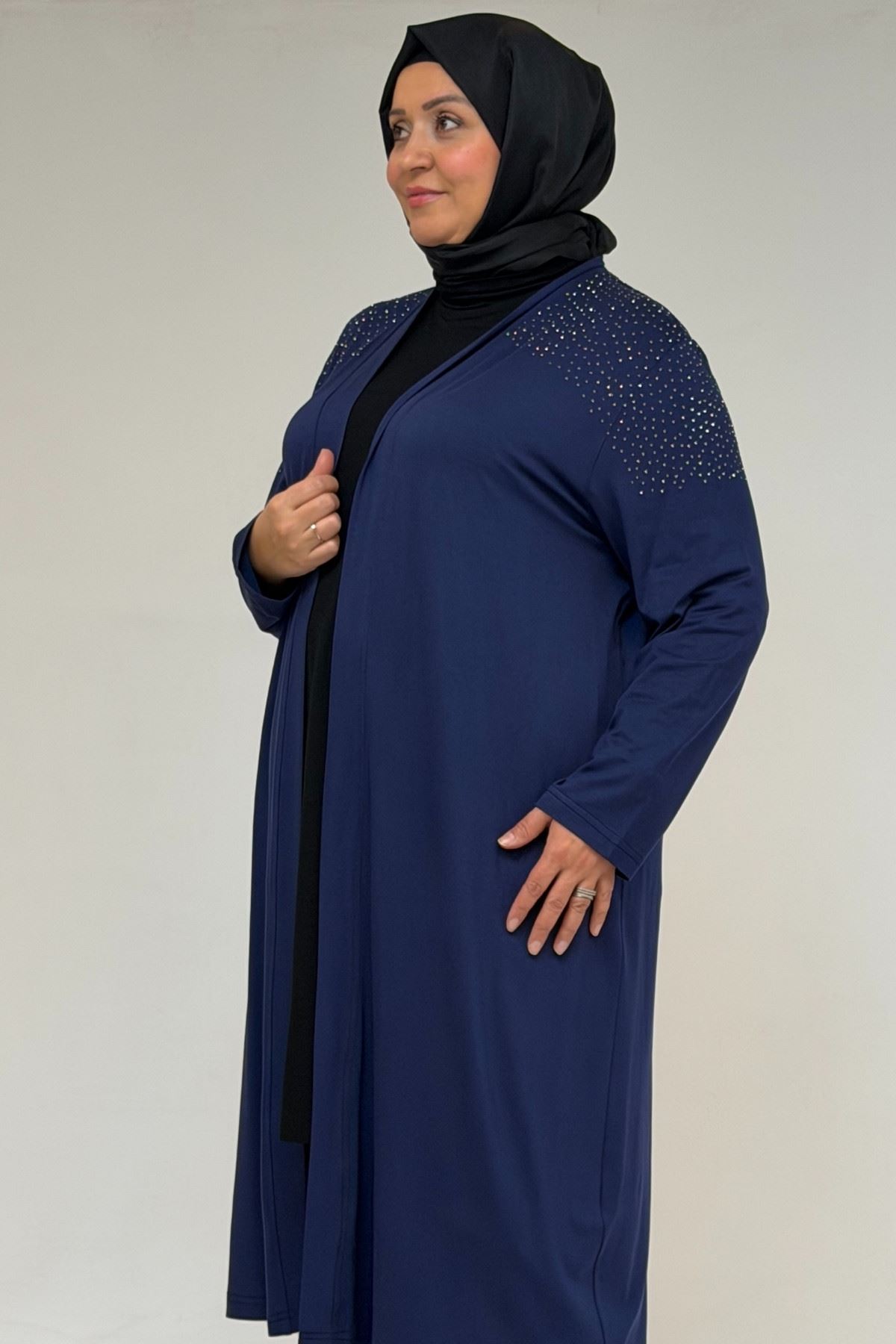 53069 Büyük Beden Omzu Taş Detaylı Penye Tunik - İndigo