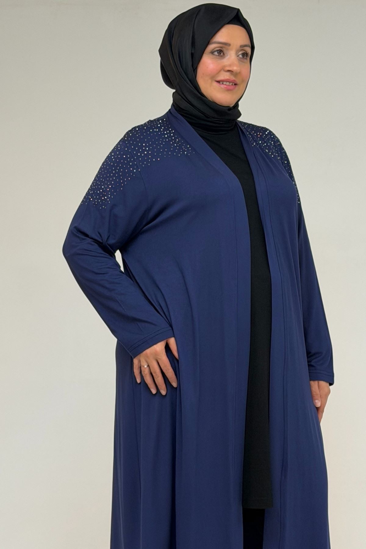 53069 Büyük Beden Omzu Taş Detaylı Penye Ceket - İndigo