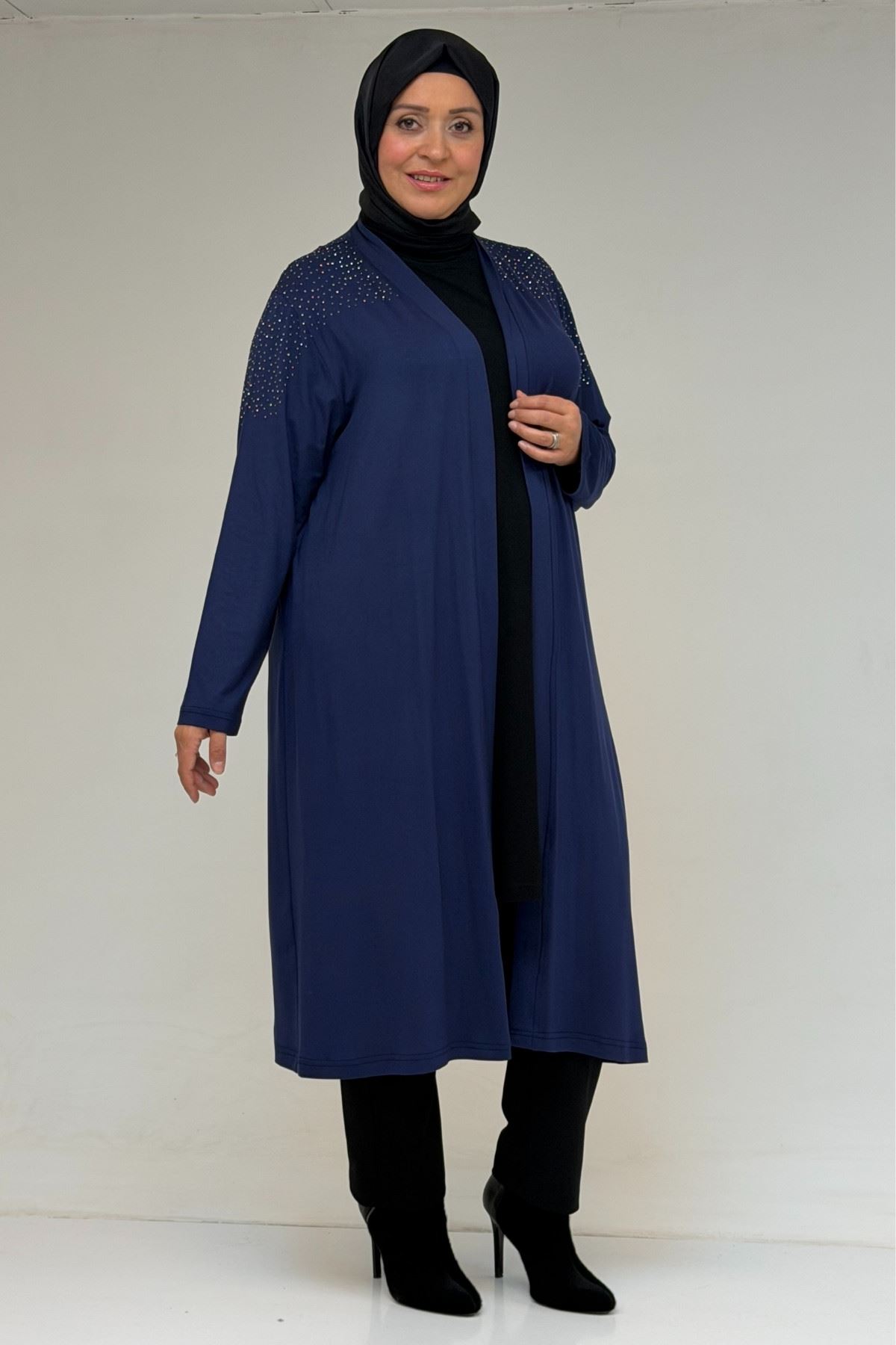 53069 Büyük Beden Omzu Taş Detaylı Penye Tunik - İndigo