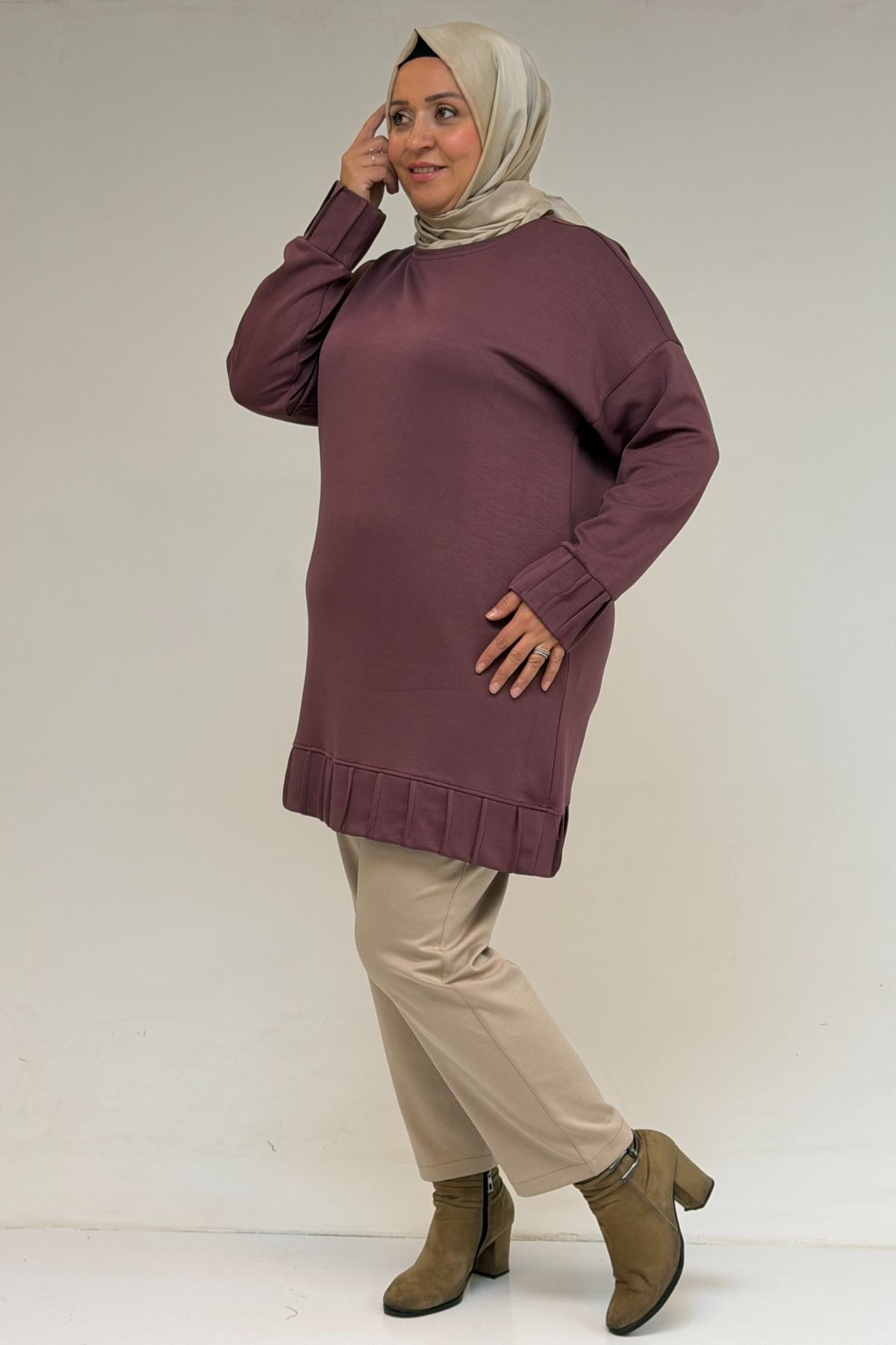 58173 Büyük Beden Çıma Detaylı Modal Tunik - Gül Kurusu