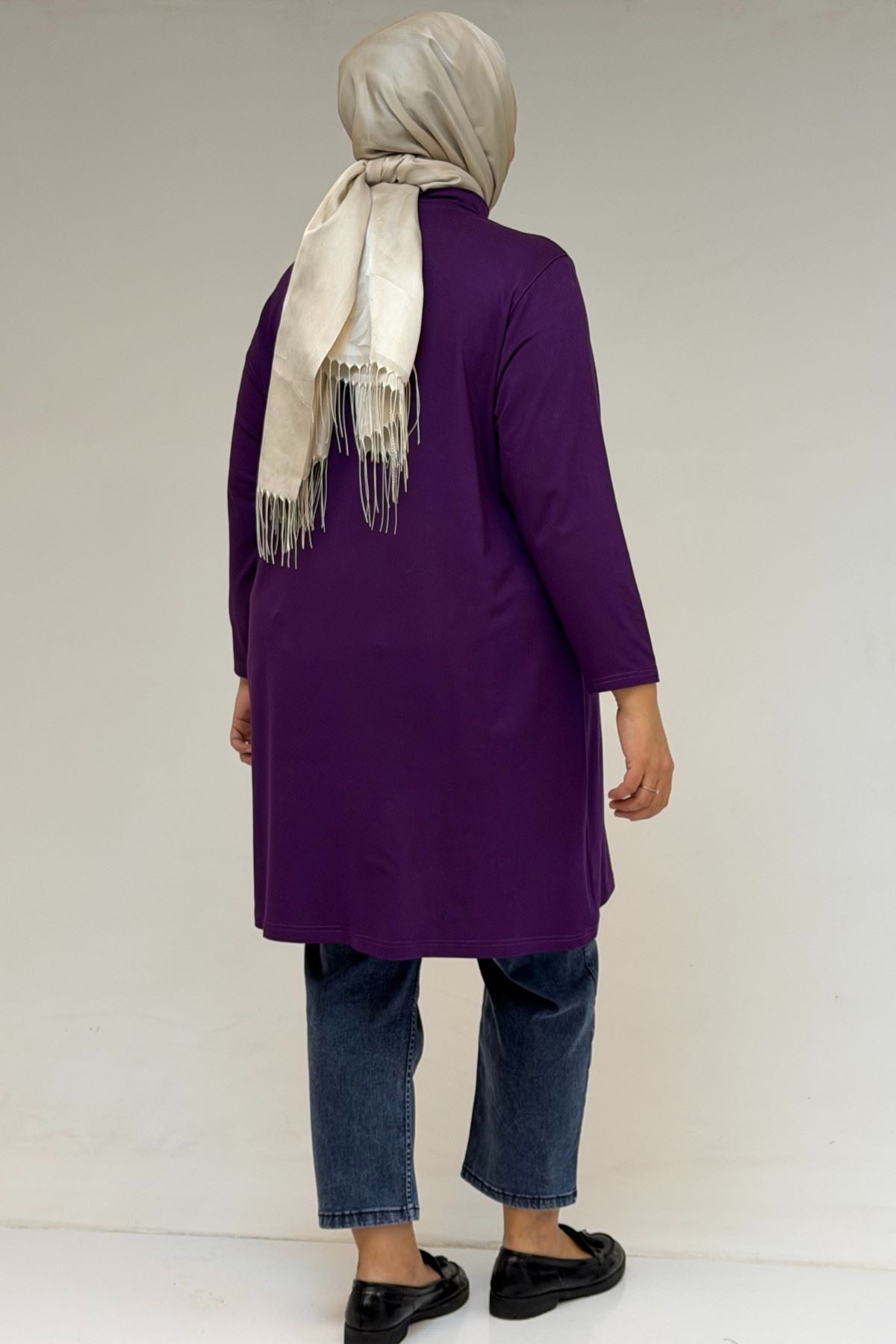 58175 Büyük Beden Boğazlı Yaka Basic Penye Tunik - Mor