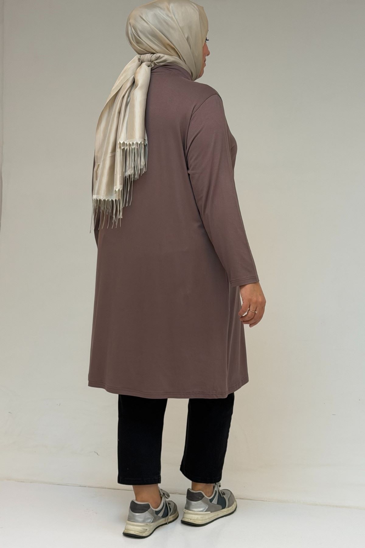 58175 Büyük Beden Boğazlı Yaka Basic Penye Tunik - Vizon