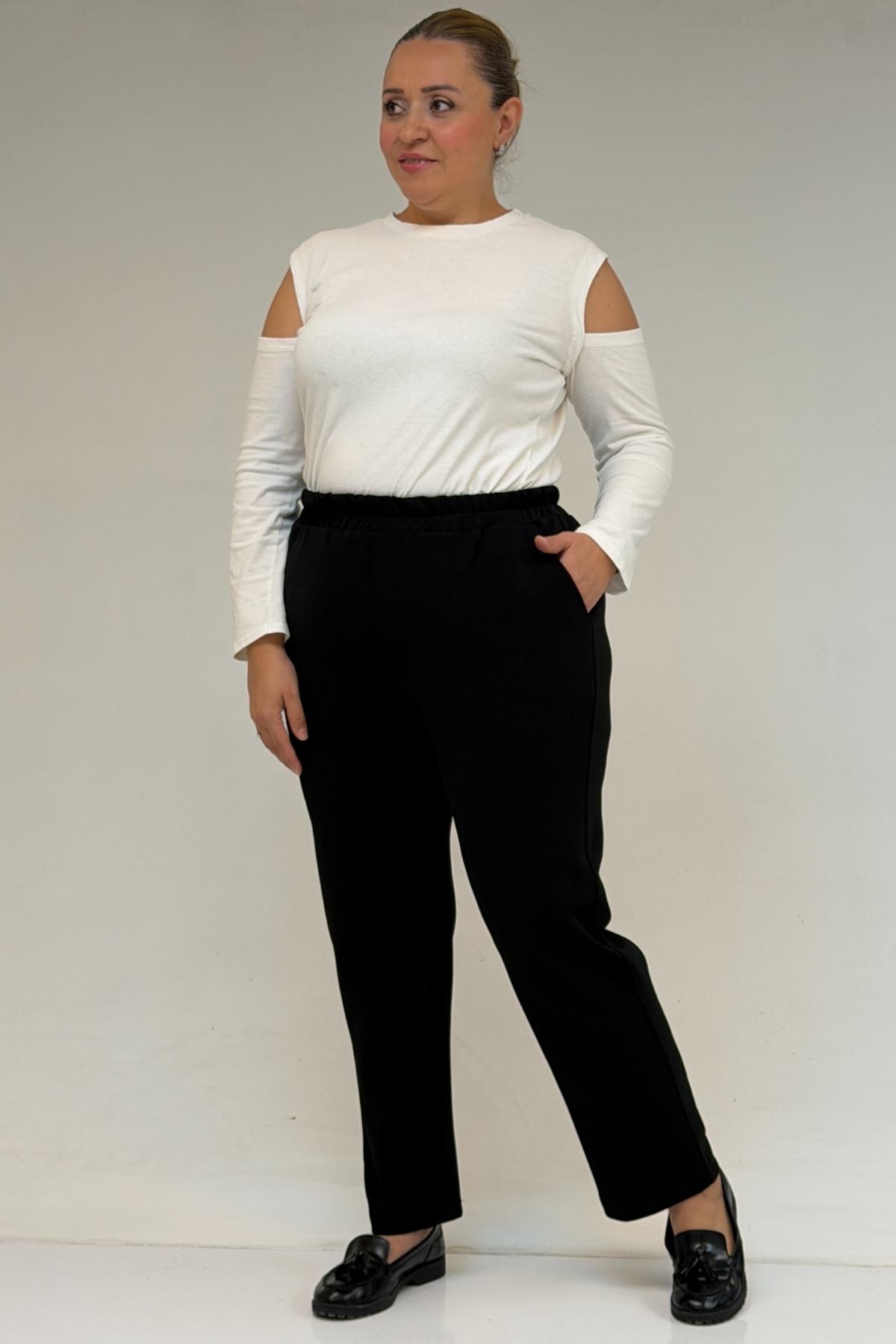 49003 Large Size Combed Cotton Skirt Trousers with Elastic Waist - Black