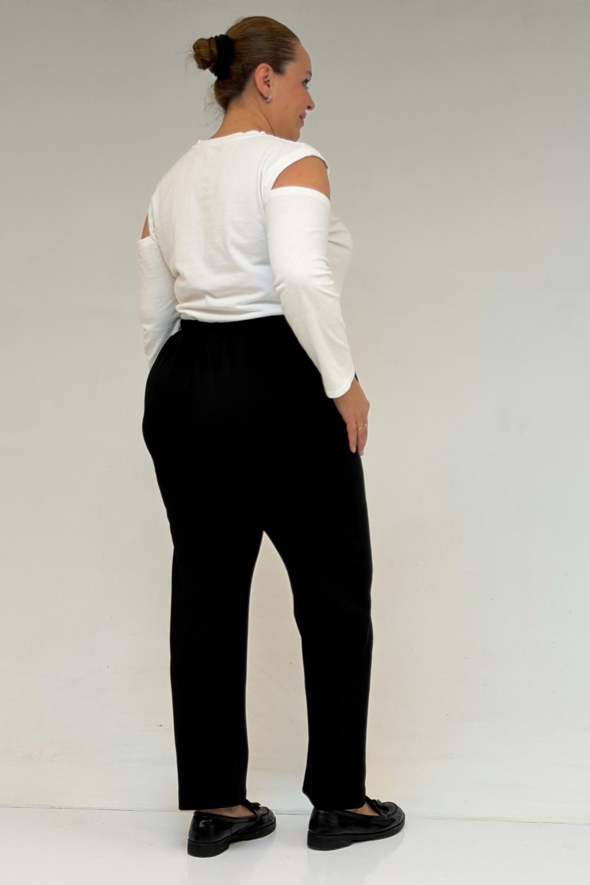 49003 Large Size Combed Cotton Skirt Trousers with Elastic Waist - Black