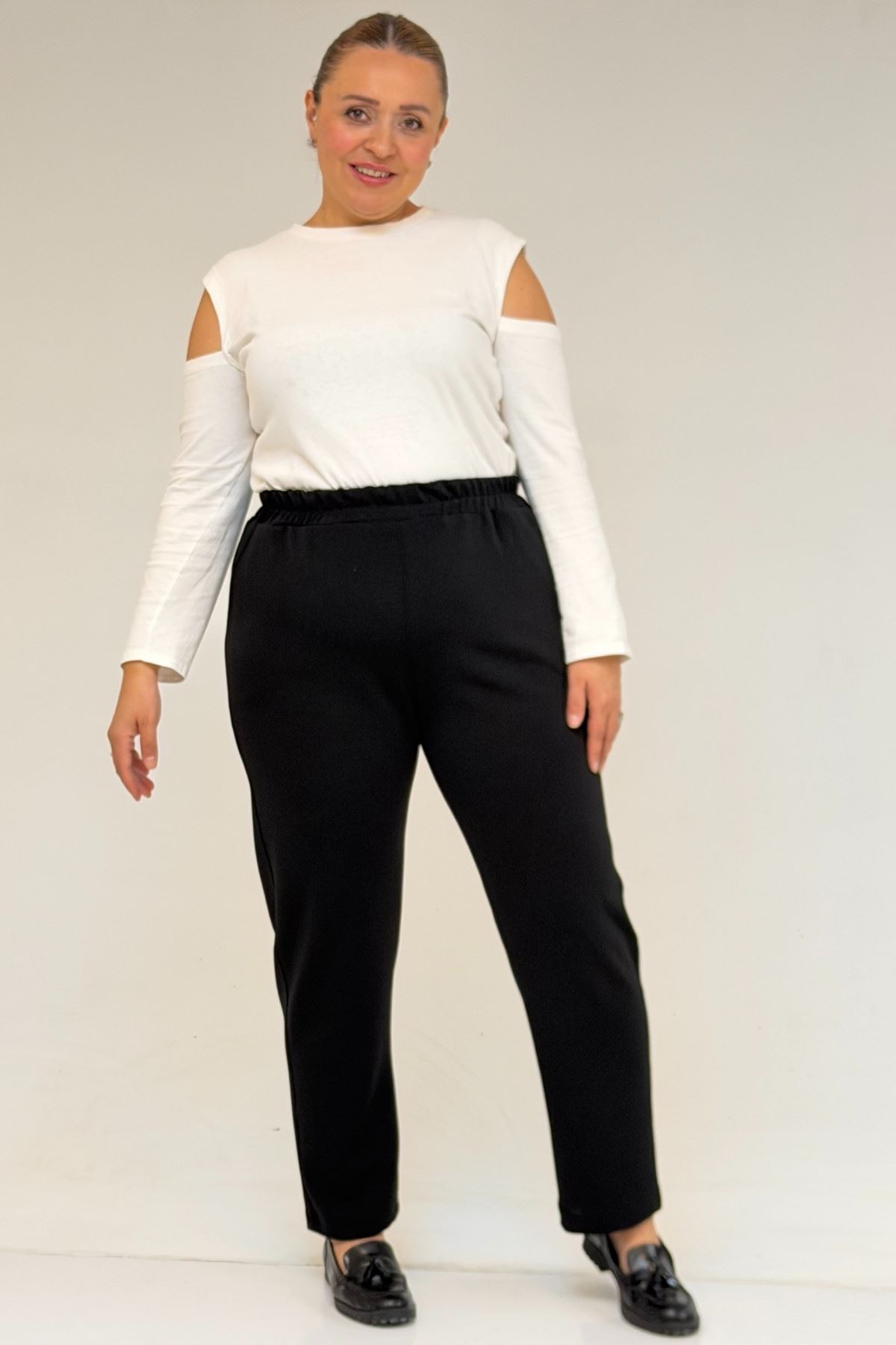 49003 Large Size Combed Cotton Skirt Trousers with Elastic Waist - Black