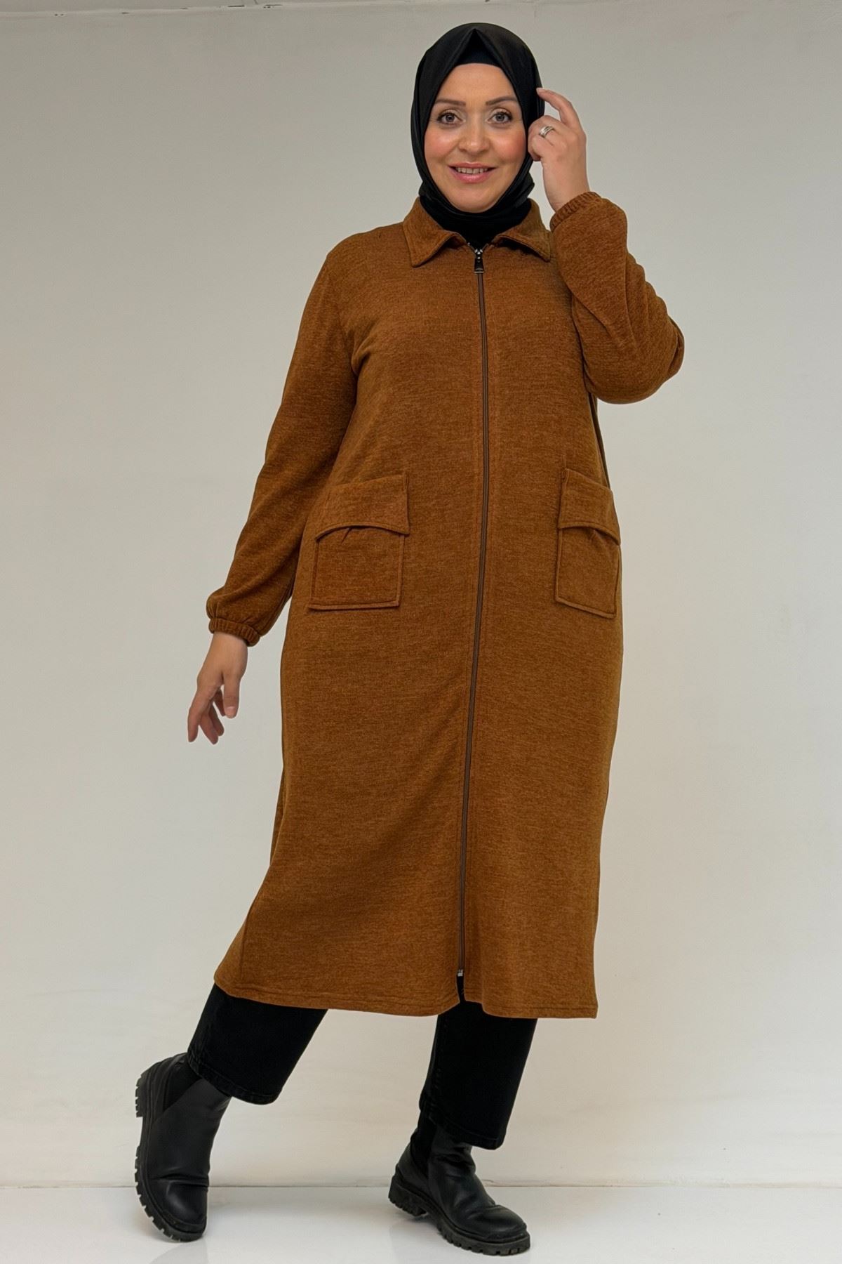 53064 Büyük Beden Fermuarlı Detaylı Mir Ceket - Taba