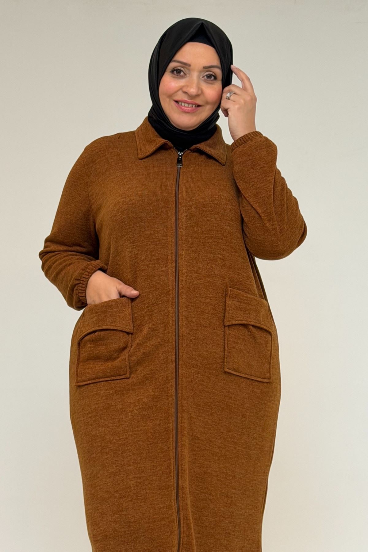 53064 Büyük Beden Fermuarlı Detaylı Mir Ceket - Taba