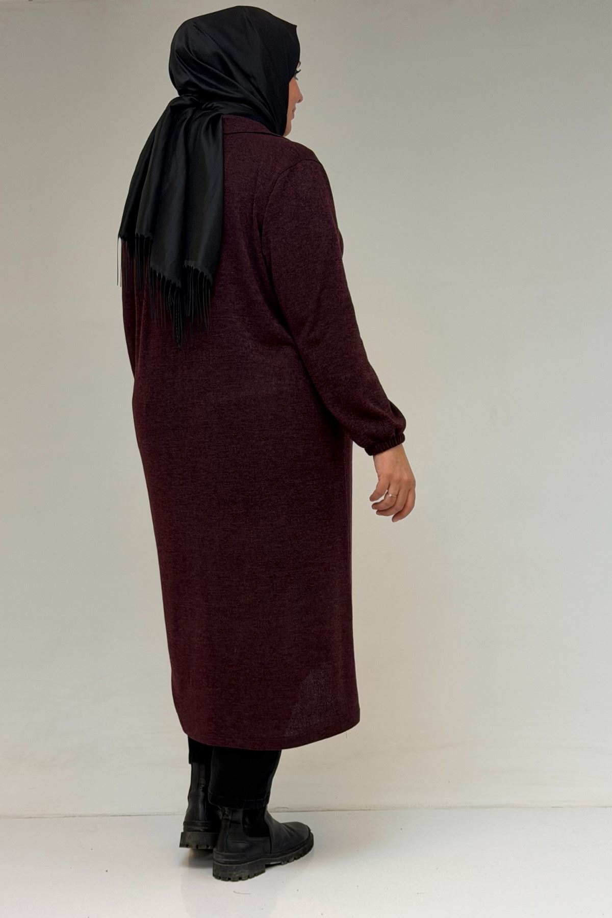 53064 Büyük Beden Fermuarlı Detaylı Mir Ceket - Mürdüm