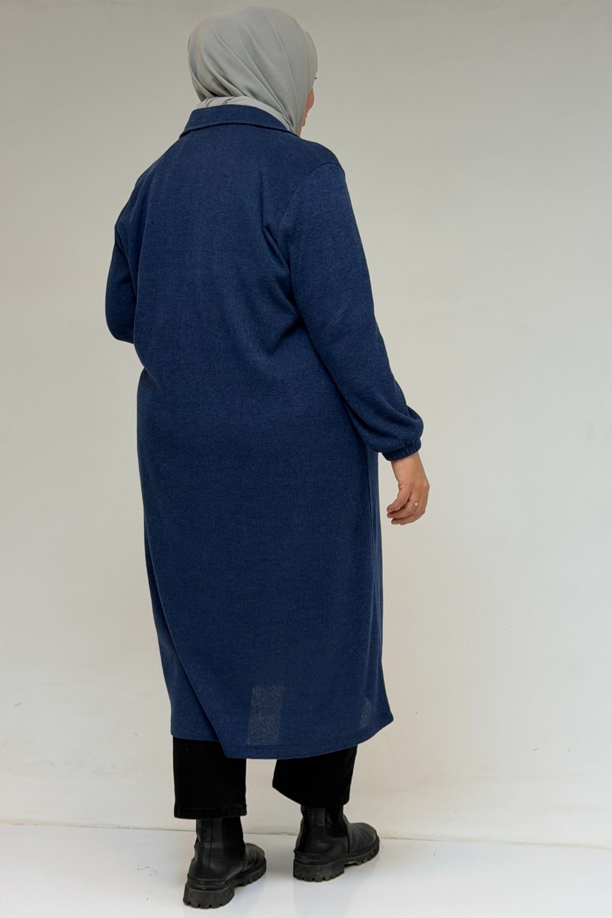 53064 Büyük Beden Fermuarlı Detaylı Mir Ceket - İndigo