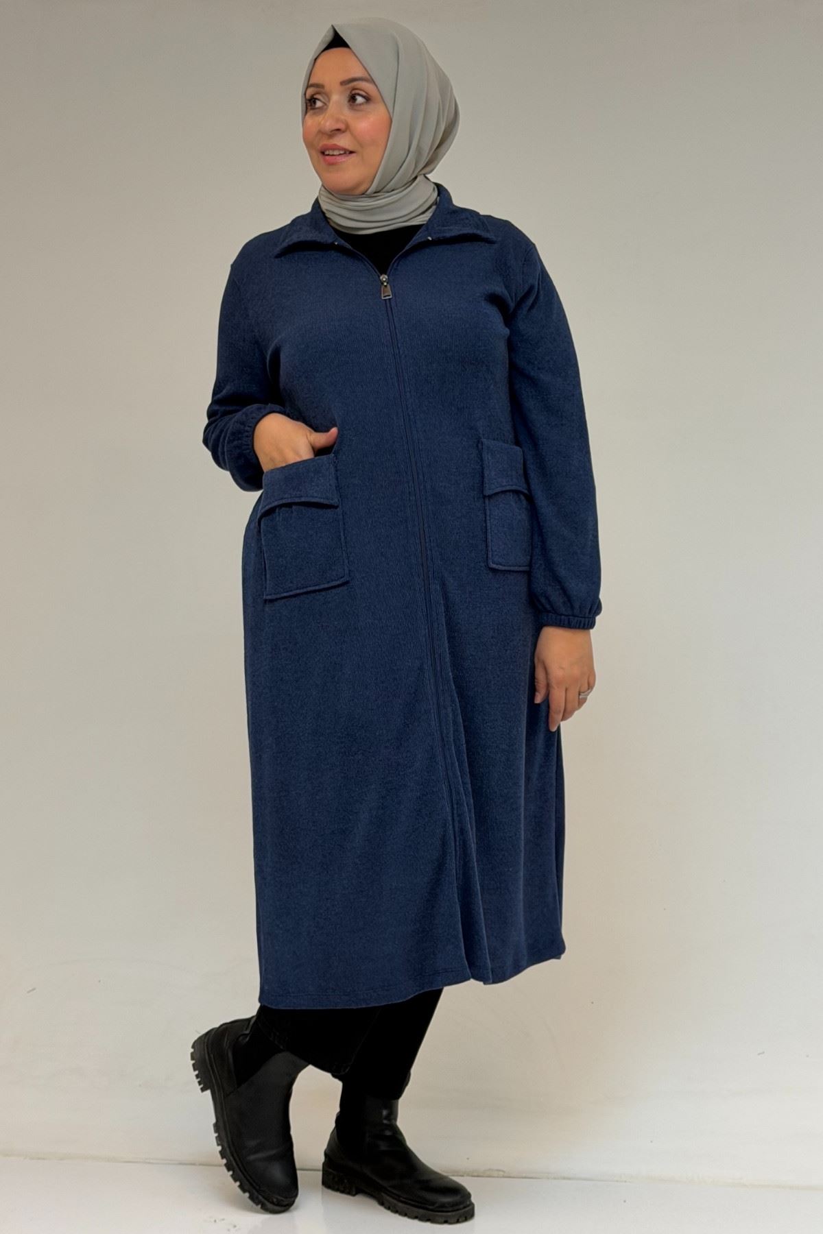 53064 Büyük Beden Fermuarlı Detaylı Mir Ceket - İndigo