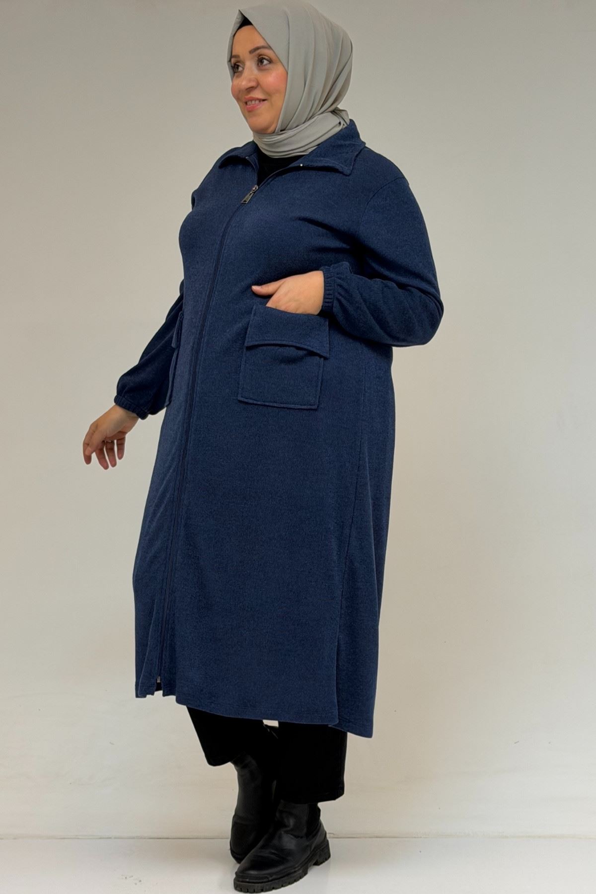 53064 Büyük Beden Fermuarlı Detaylı Mir Ceket - İndigo