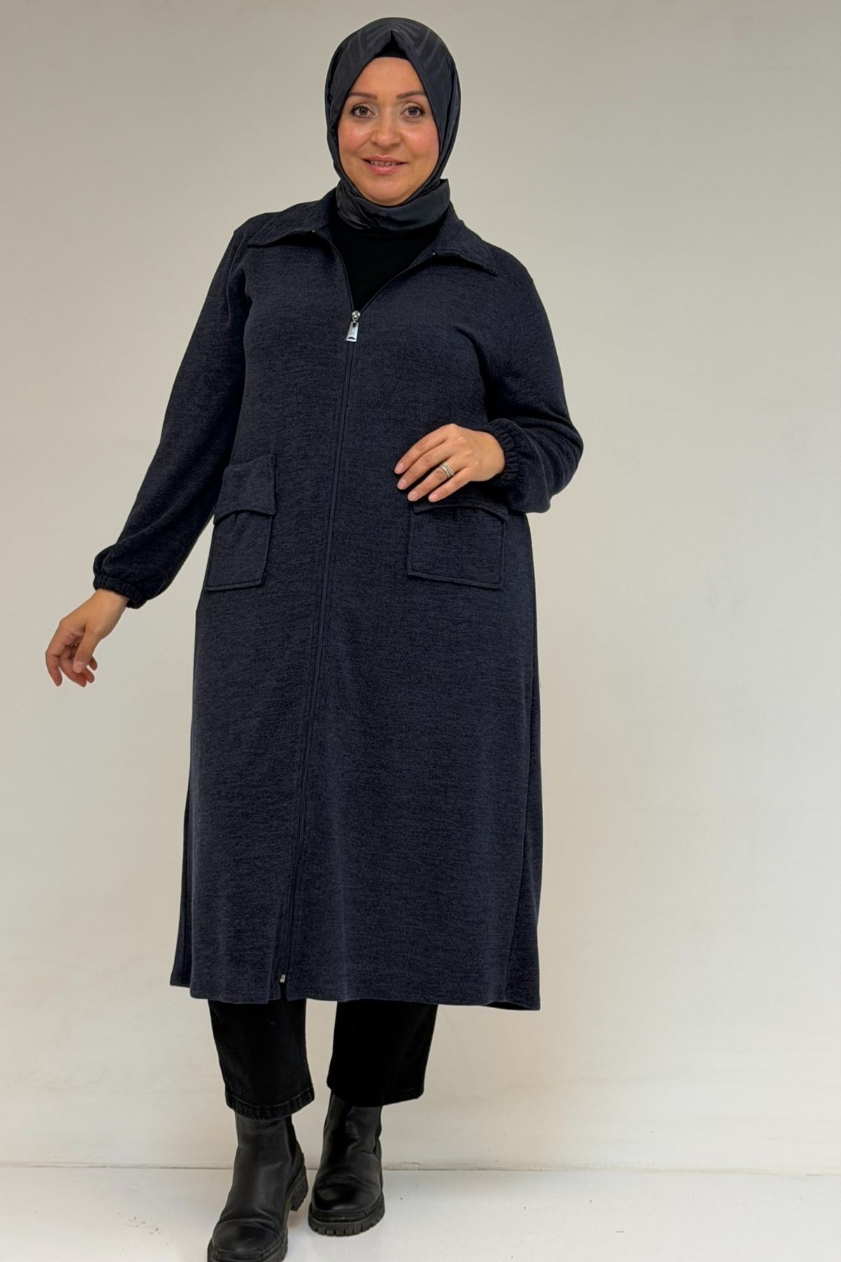 53064 Büyük Beden Fermuarlı Detaylı Mir Ceket - Lacivert