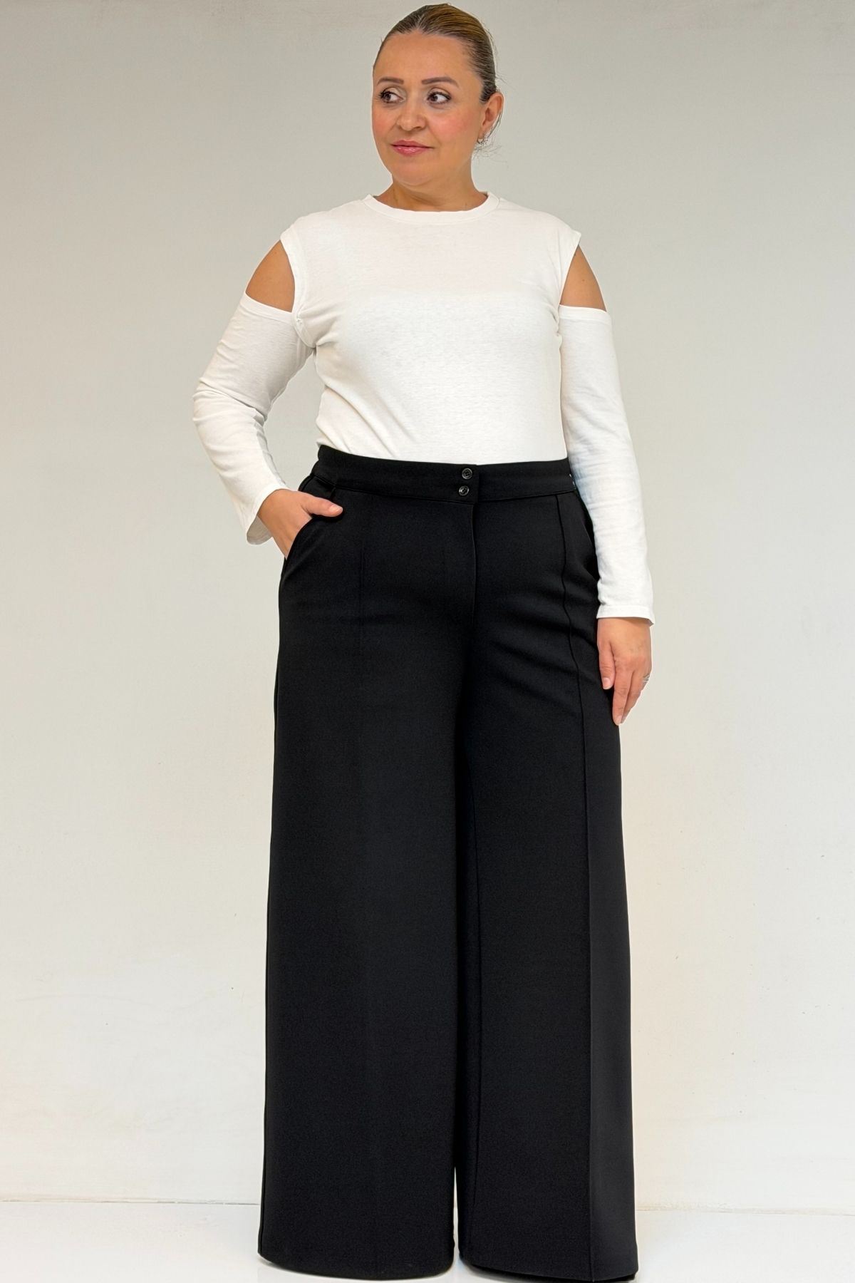 49003 Large Size Combed Cotton Skirt Trousers with Elastic Waist - Black