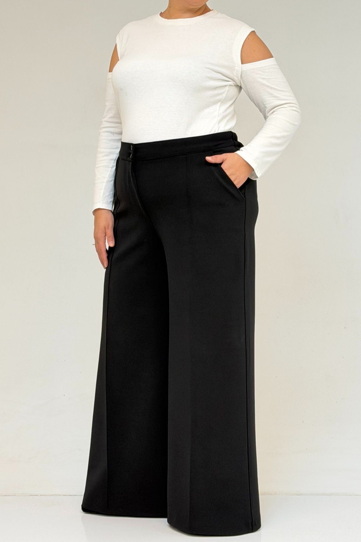 49003 Large Size Combed Cotton Skirt Trousers with Elastic Waist - Black