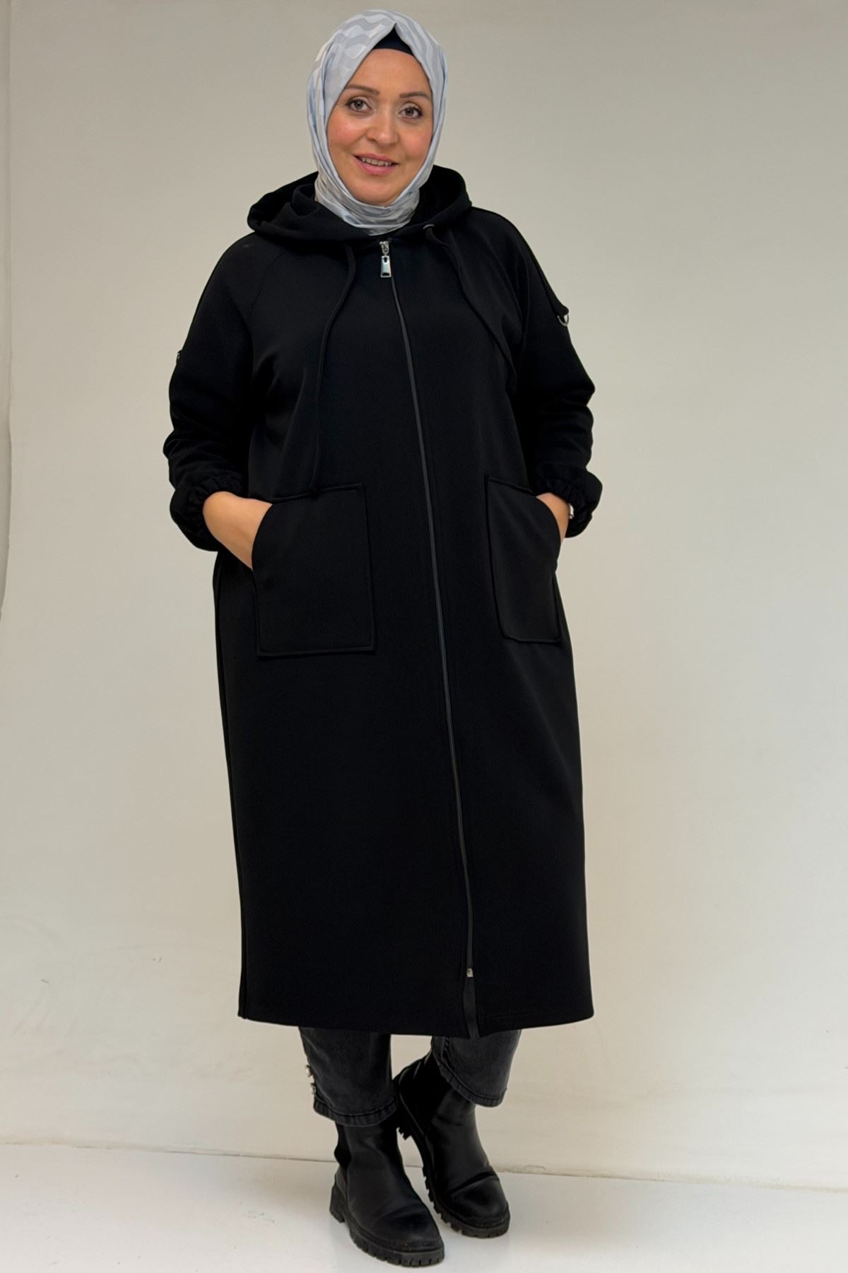 53074 Büyük Beden Fermuarlı Reglan Kol Çelik Ceket - Siyah