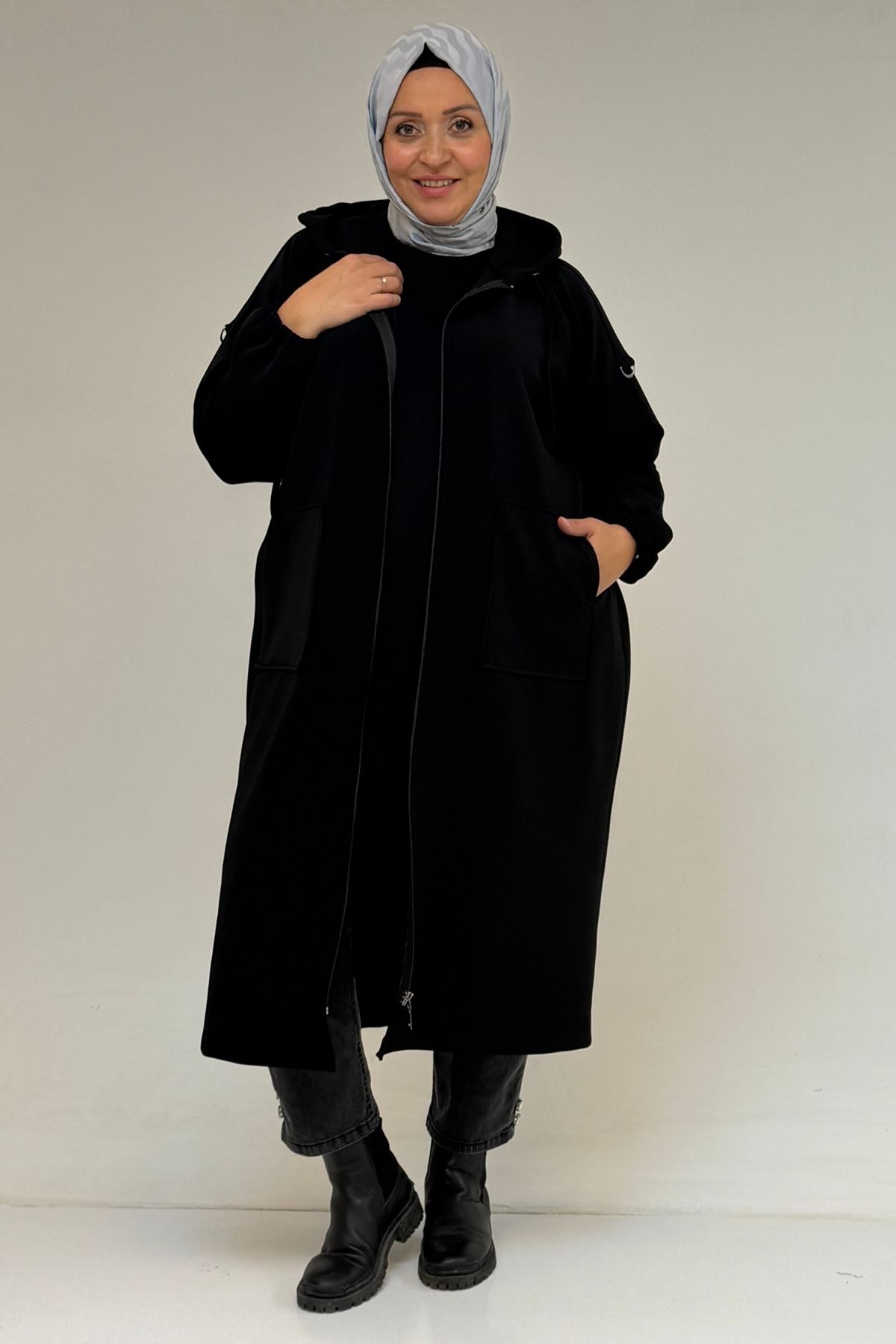 53074 Büyük Beden Fermuarlı Reglan Kol Çelik Ceket - Siyah