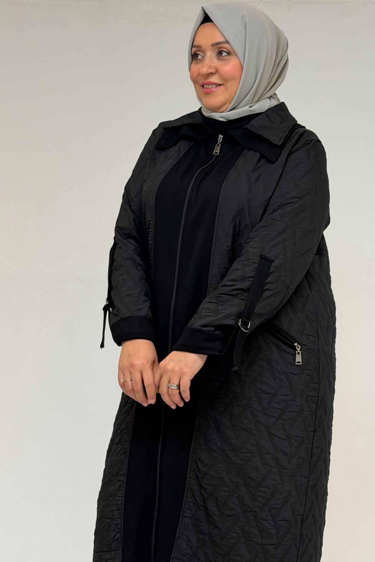 46018 Büyük Beden Fermuar Cepli Modal-Kapitone Kaban - Siyah-Siyah