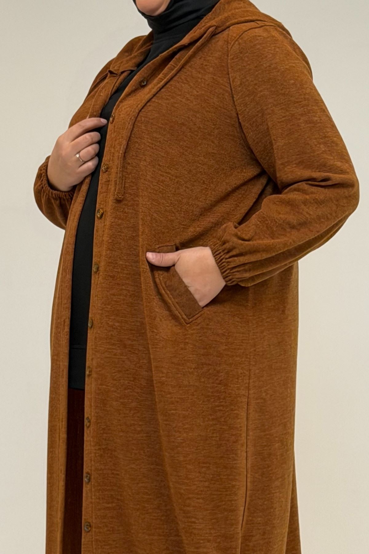 53065 Büyük Beden Kapüşonlu - Düğmeli Mir Ceket - Taba