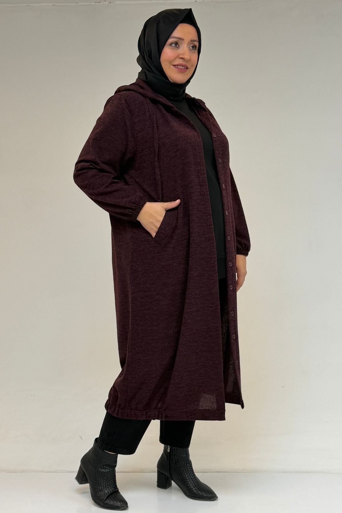 53065 Büyük Beden Kapüşonlu - Düğmeli Mir Ceket - Mürdüm