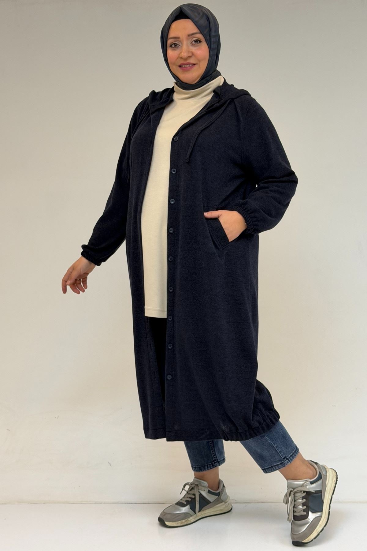 53065 Büyük Beden Kapüşonlu - Düğmeli Mir Ceket - Lacivert