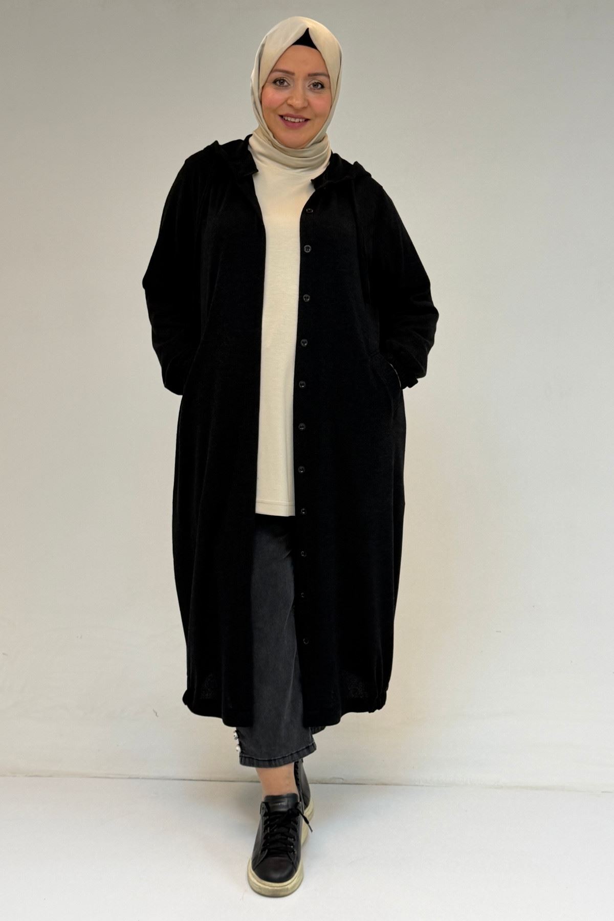 53065 Büyük Beden Kapüşonlu - Düğmeli Mir Ceket - Siyah