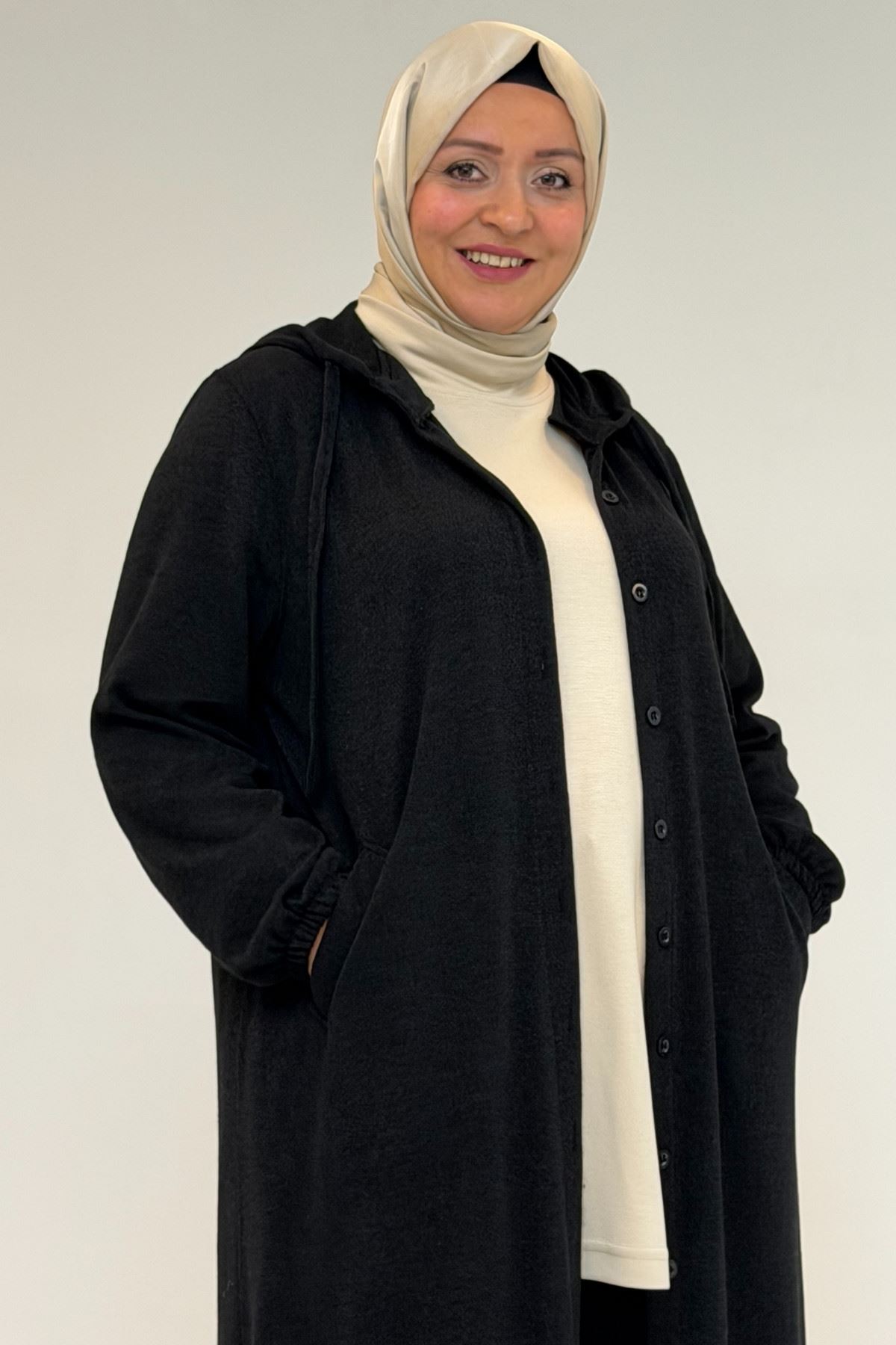 53065 Büyük Beden Kapüşonlu - Düğmeli Mir Ceket - Siyah