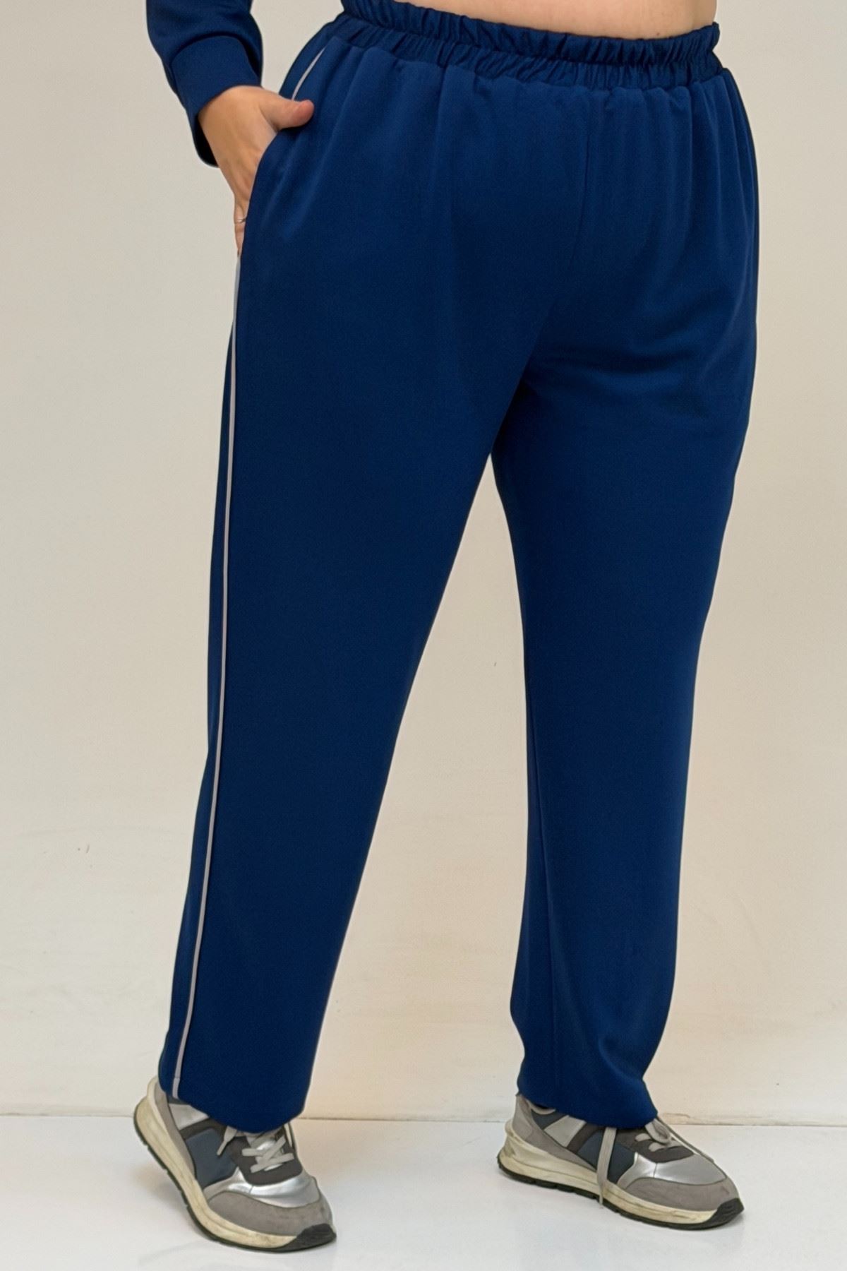 47100 Büyük Beden Garnili -Biyeli Pantolonlu Modal Takım - İndigo