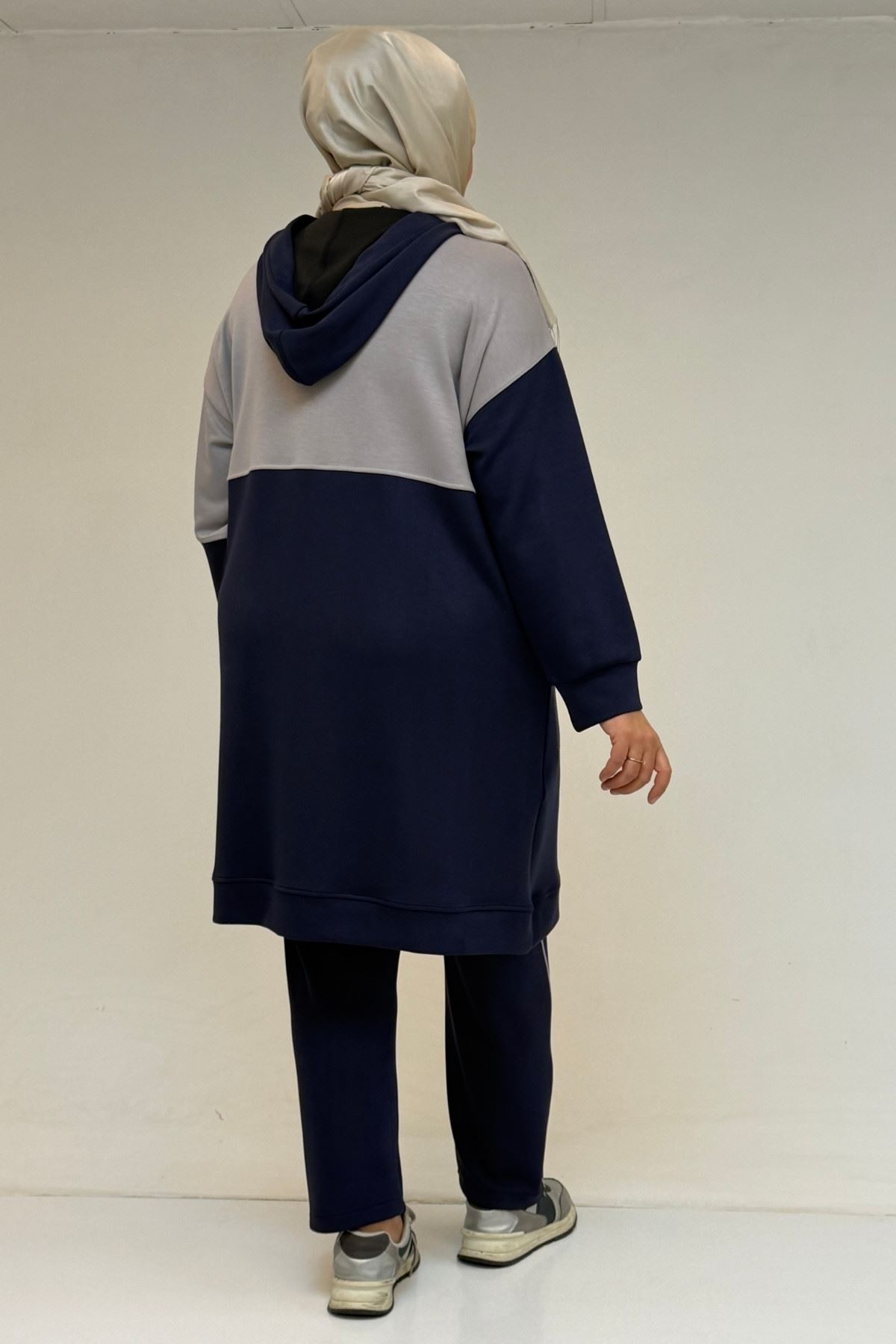 47100 Büyük Beden Garnili -Biyeli Pantolonlu Modal Takım - Lacivert