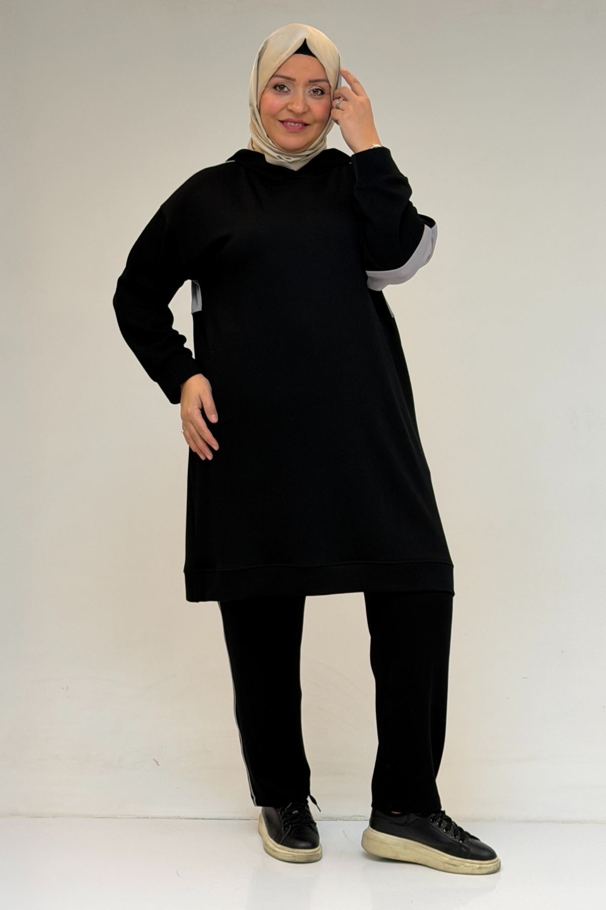 47100 Büyük Beden Garnili -Biyeli Pantolonlu Modal Takım - Siyah