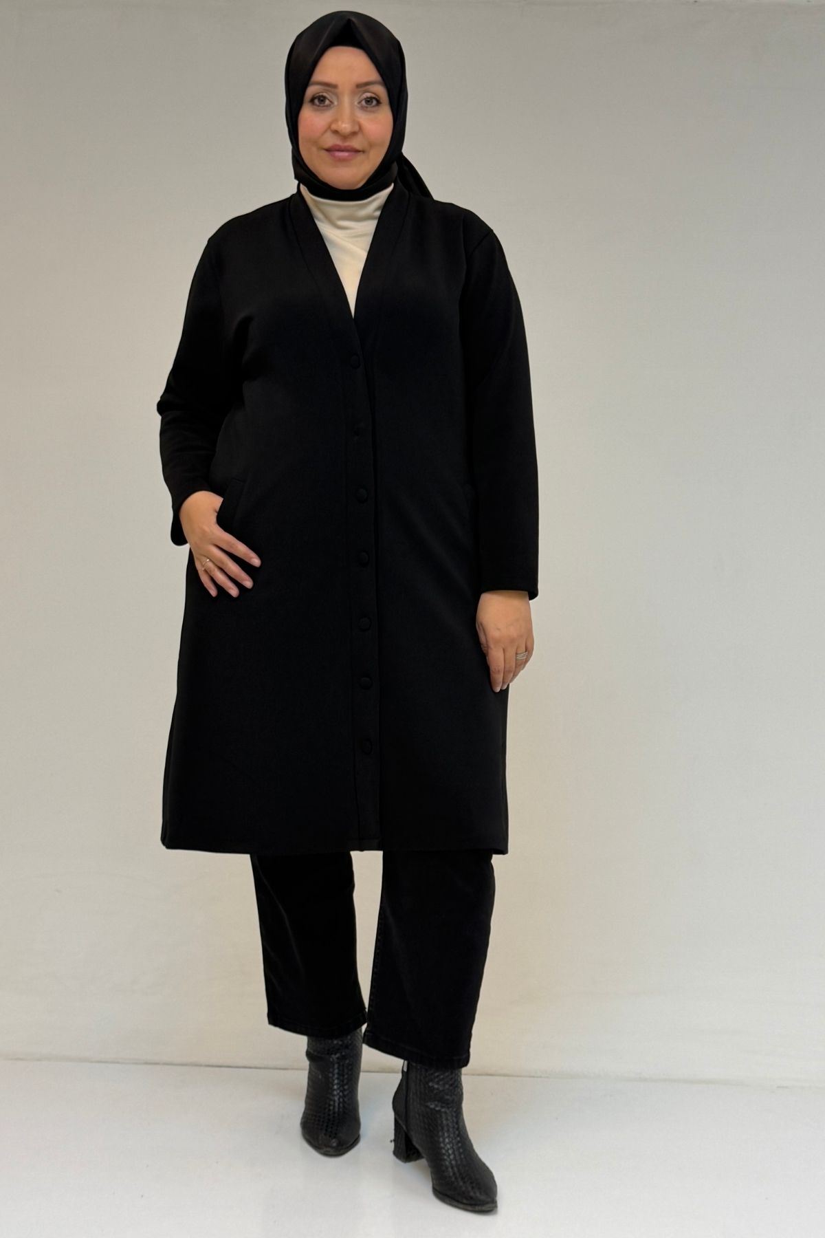 53066 Büyük Beden Cep Detaylı Çelik Ceket - Siyah