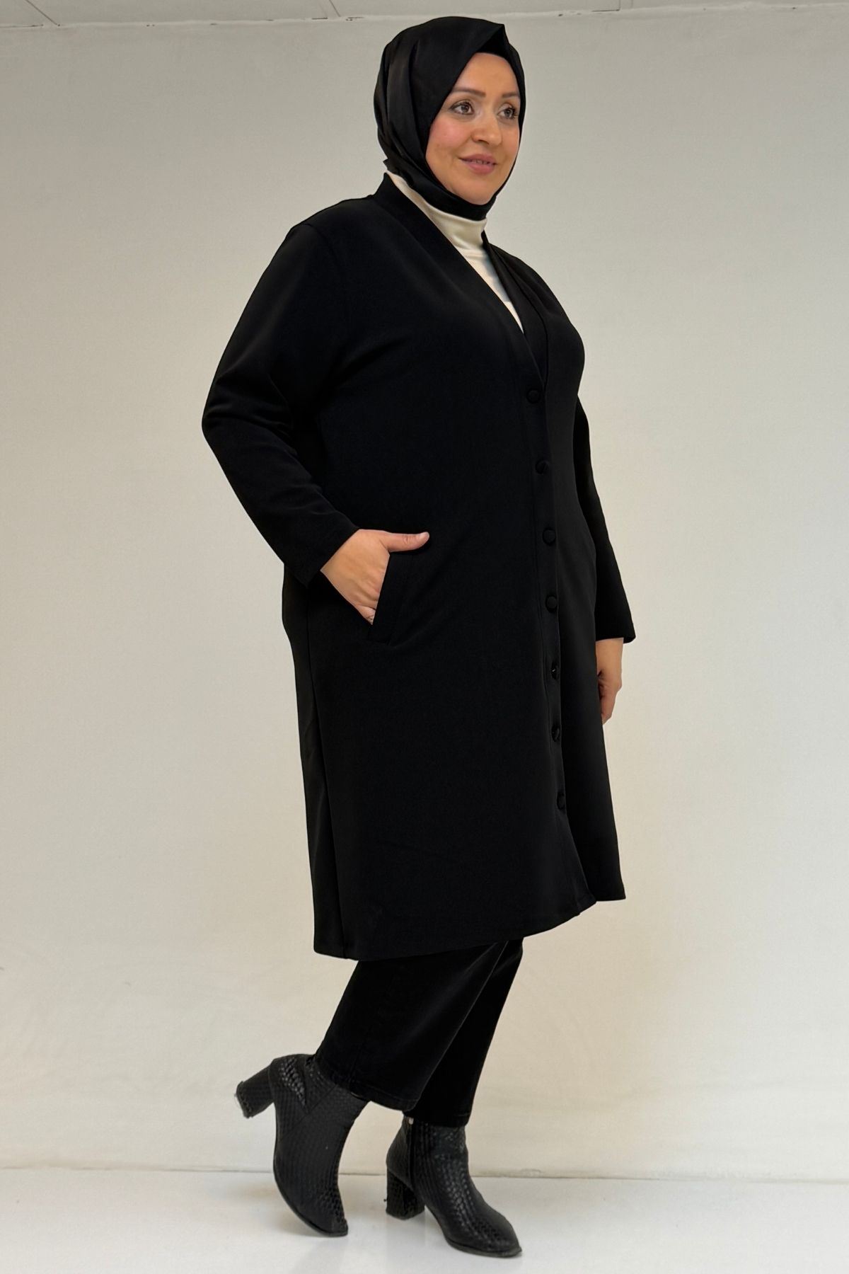 53066 Büyük Beden Cep Detaylı Çelik Ceket - Siyah