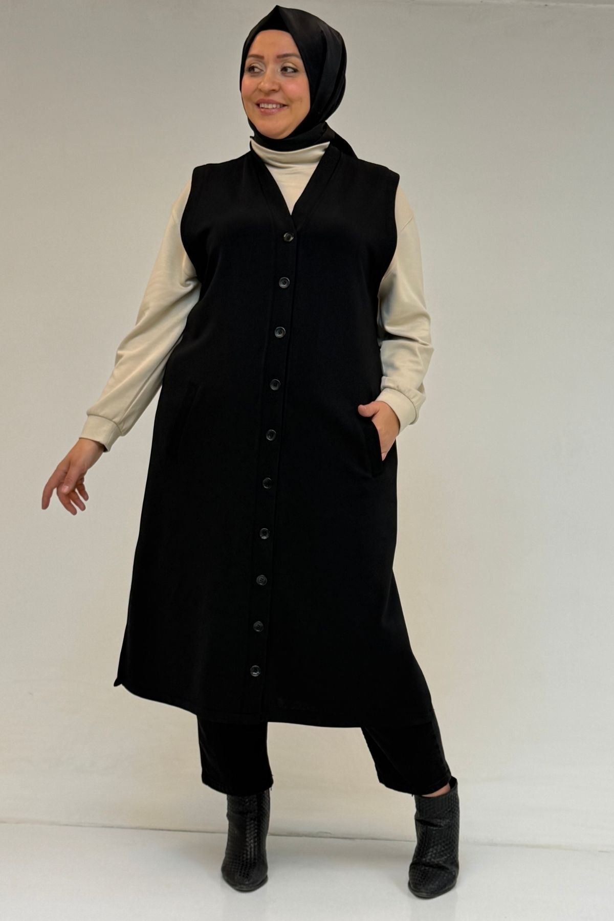 54016 Büyük Beden Yırtmaçlı Uzun Çelik Yelek - Siyah