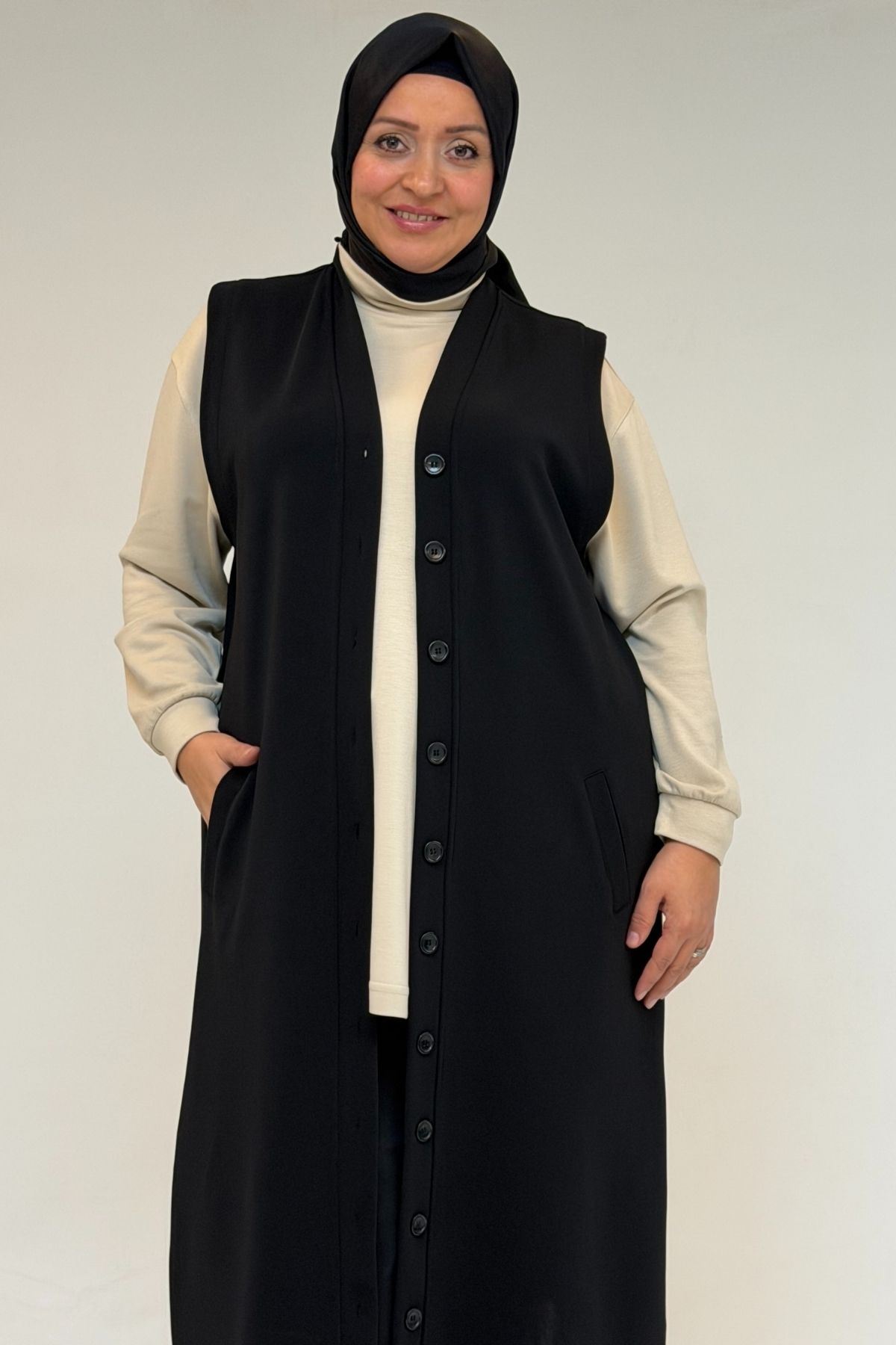 54016 Büyük Beden Yırtmaçlı Uzun Çelik Yelek - Siyah