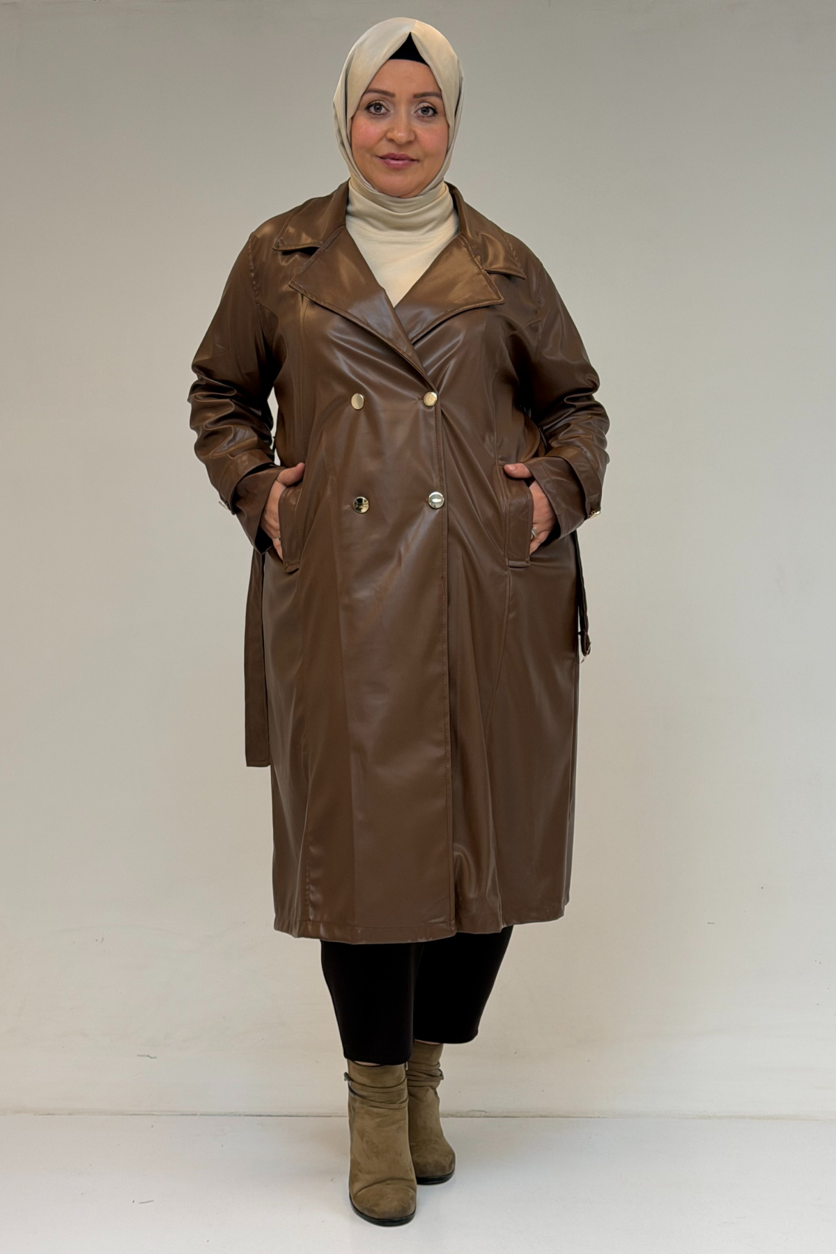 53073 Büyük Beden Kemerli Deri Trençkot - Kahve