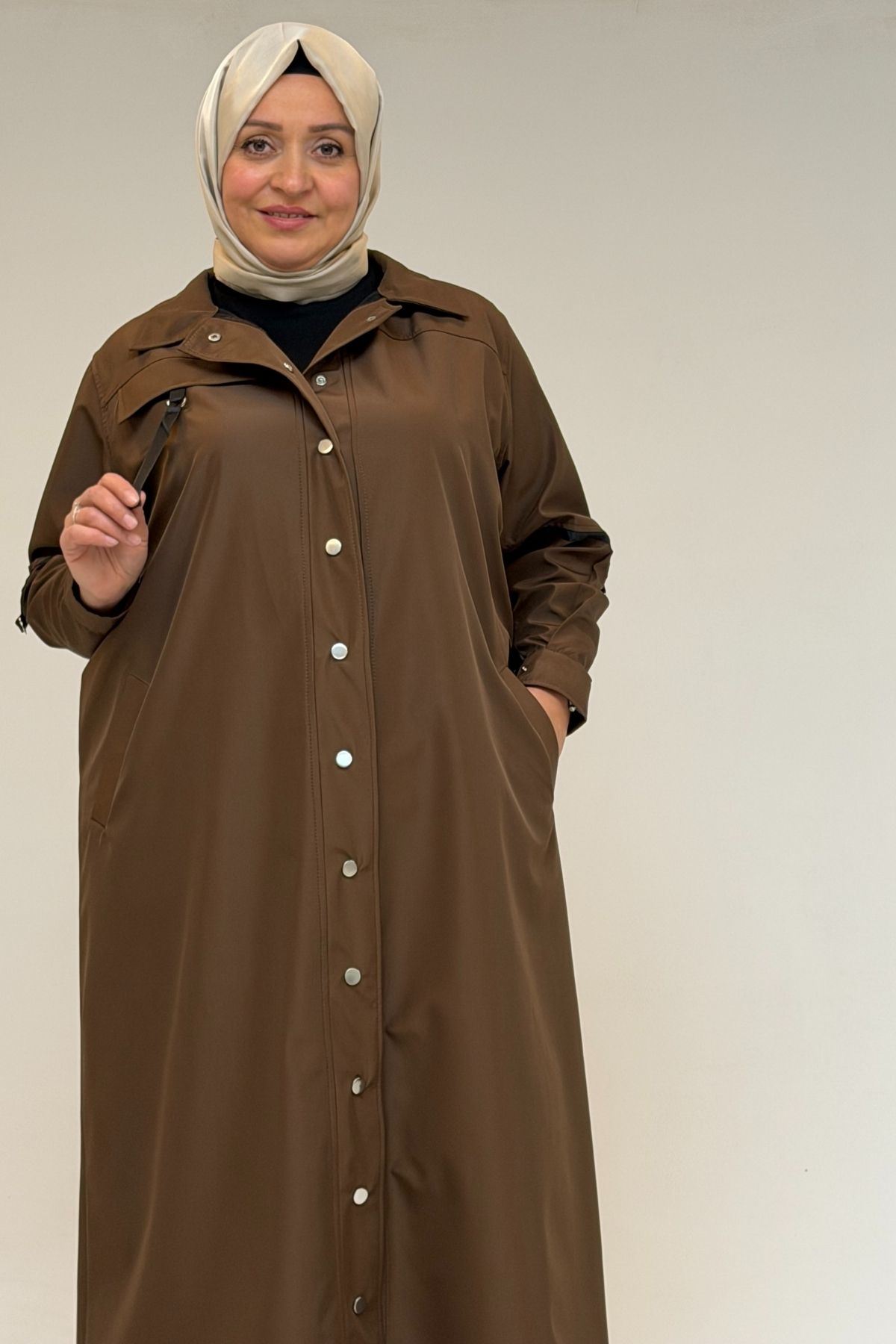 53062 Büyük Beden Sahte Cep Detaylı Bondit Trençkot - Kahve