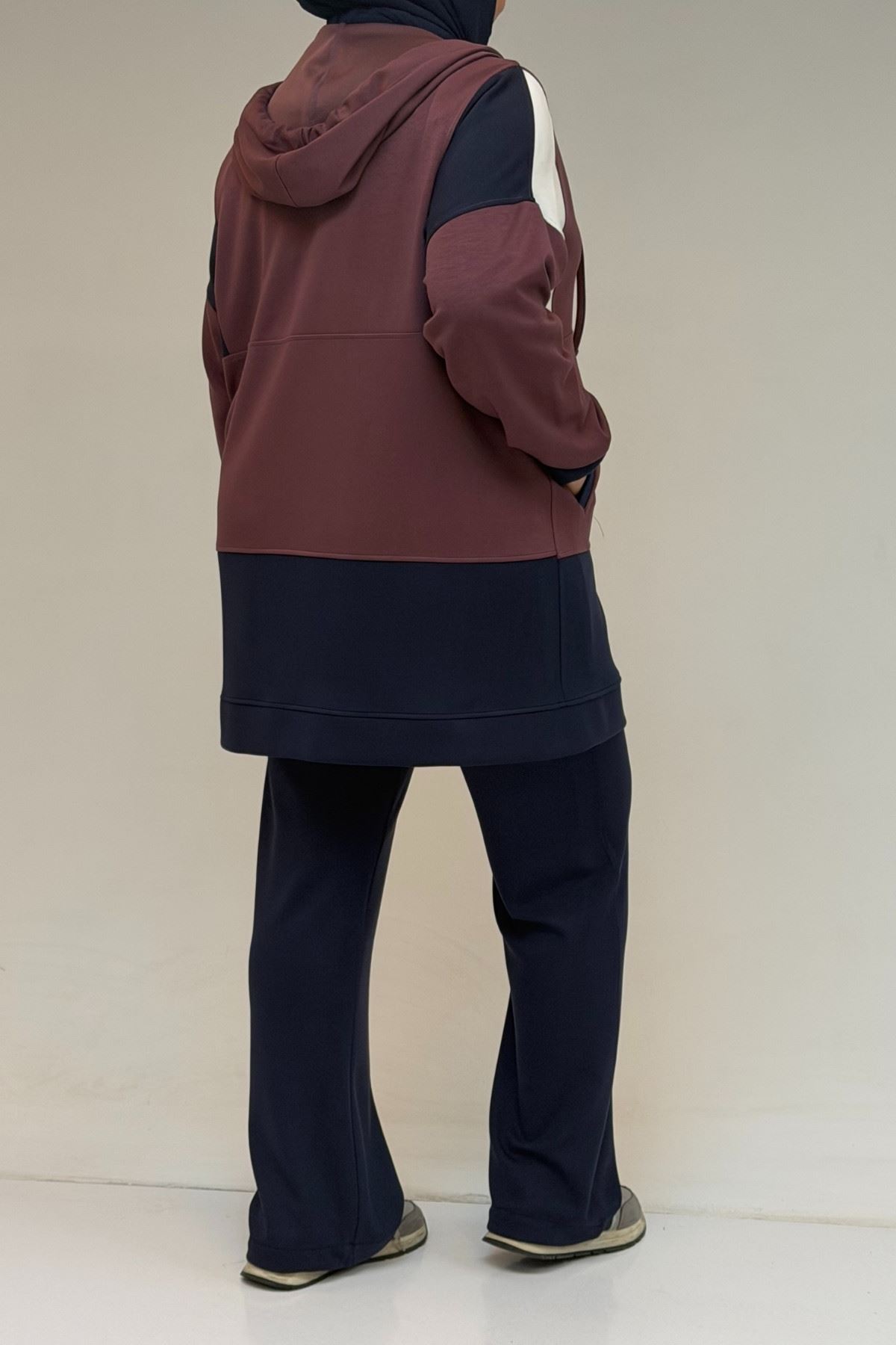 47056 Büyük Beden Garnili Boydan Fermuarlı Pantolonlu Modal Takım - Gül-Lacivert