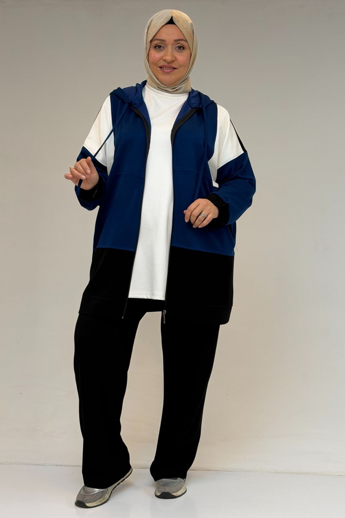 47056 Büyük Beden Garnili Boydan Fermuarlı Pantolonlu Modal Takım - İndigo-Siyah