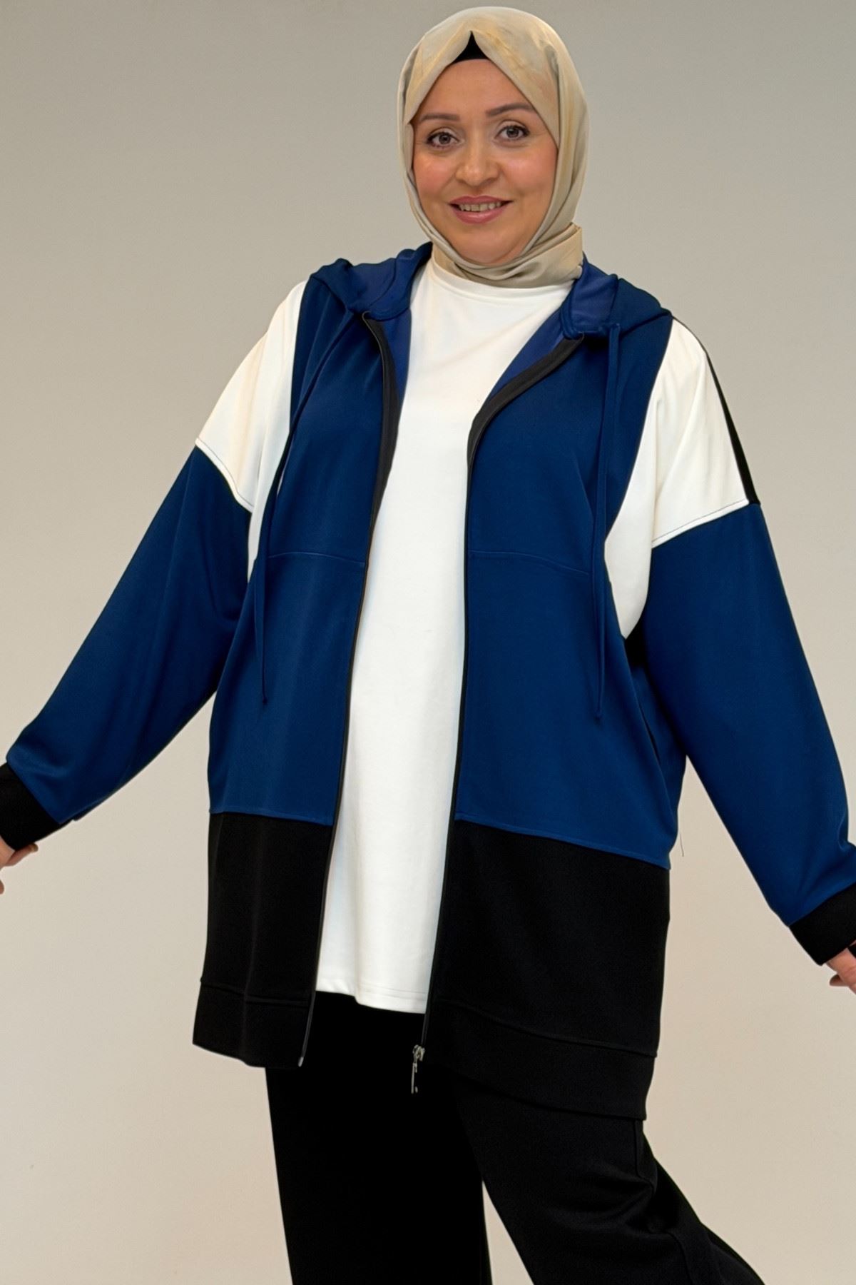 47056 Büyük Beden Garnili Boydan Fermuarlı Pantolonlu Modal Takım - İndigo-Siyah